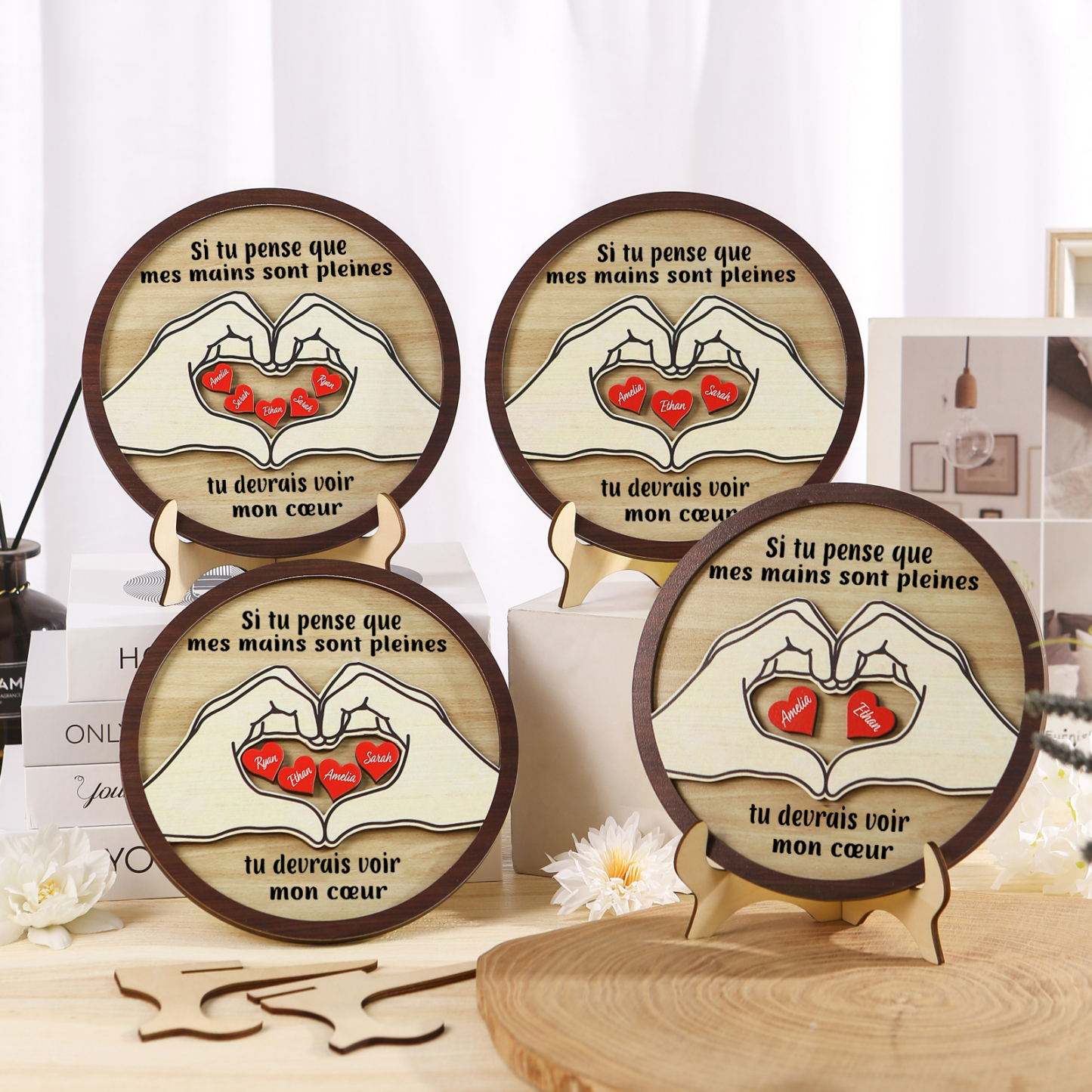 Décoration en bois 2 Prénoms personnalisés avec 2 textes Cadeau pour famille | Jessemade