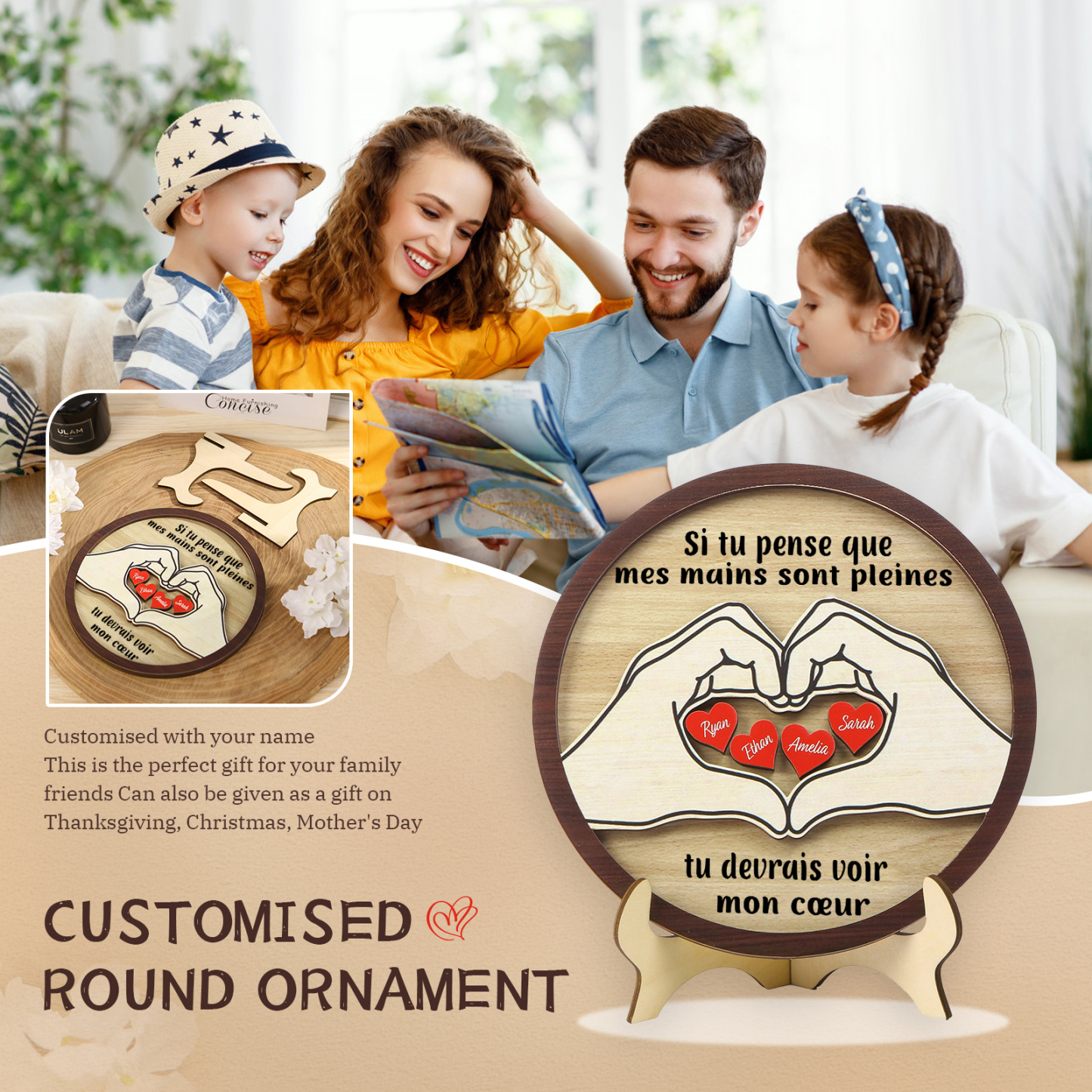 Décoration en bois 4 Prénoms personnalisés avec 2 textes Cadeau pour famille | Jessemade