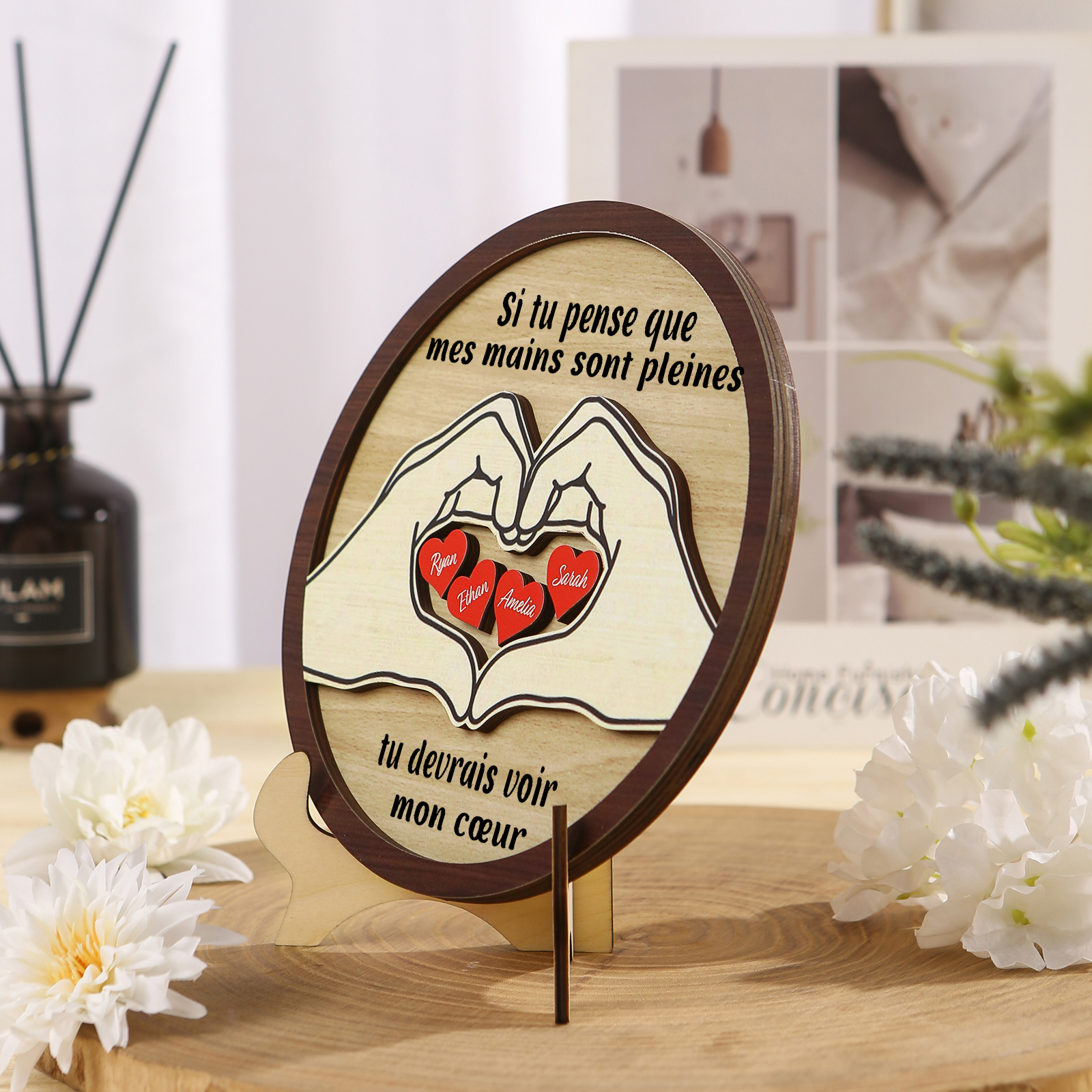 Décoration en bois 4 Prénoms personnalisés avec 2 textes Cadeau pour famille | Jessemade