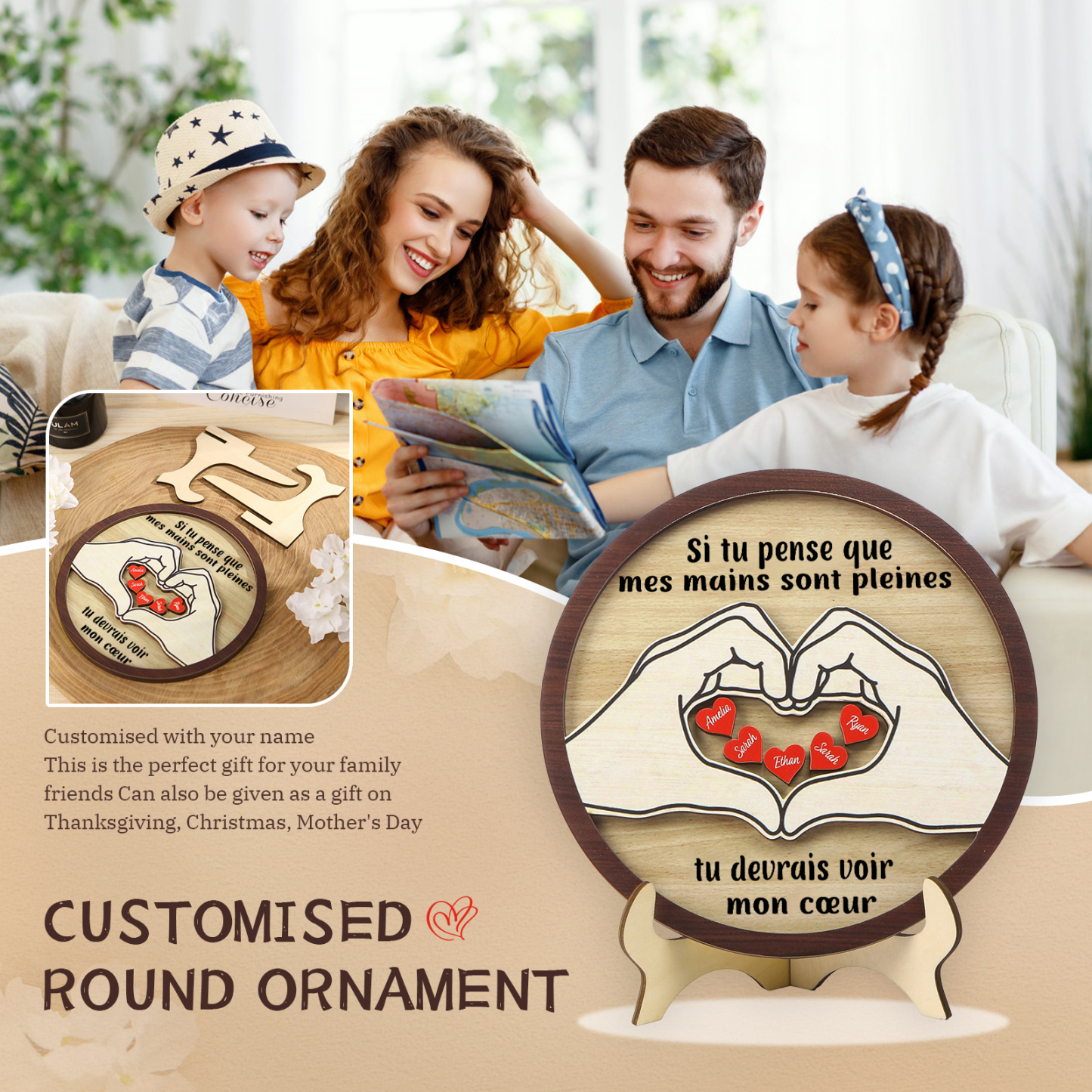 Décoration en bois 5 Prénoms personnalisés avec 2 textes Cadeau pour famille | Jessemade