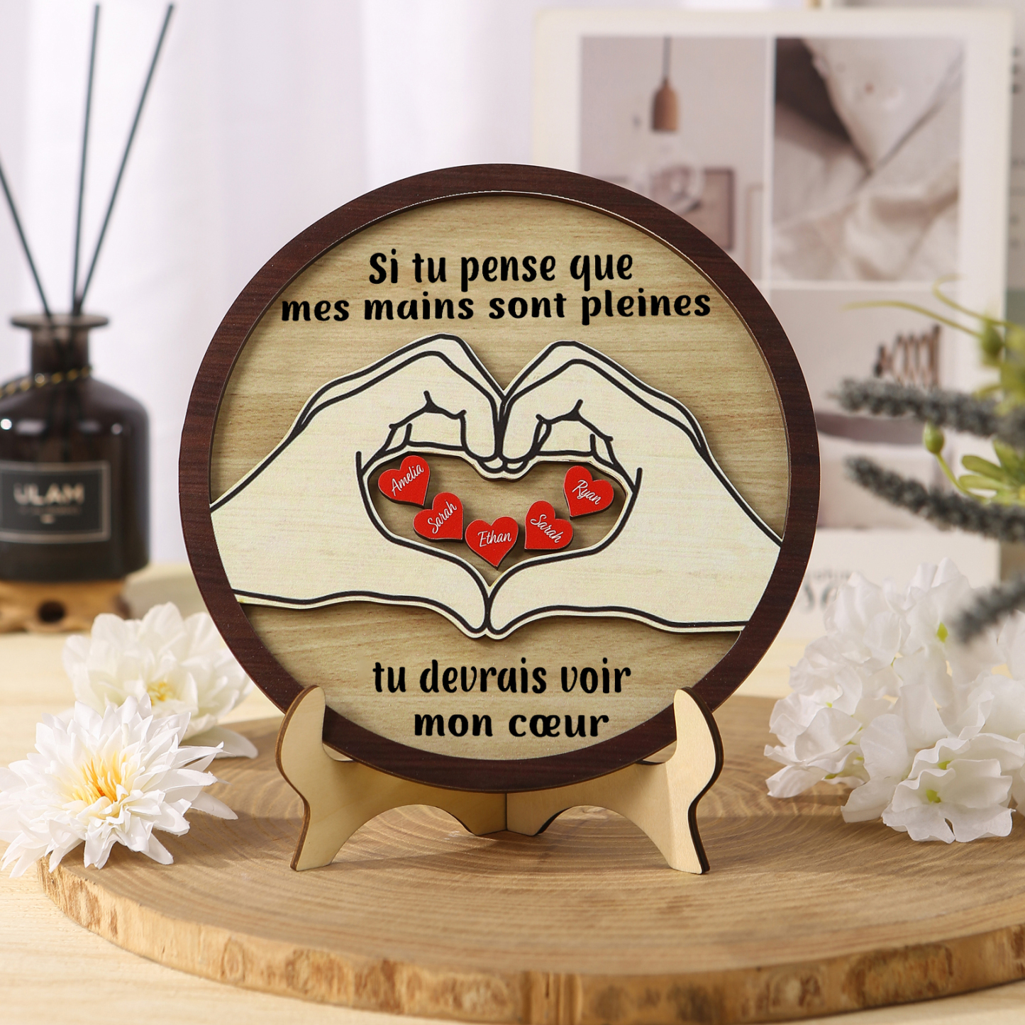 Cadre imprimé en bois 5 Prénoms personnalisés avec 2 textes Cadeau pou