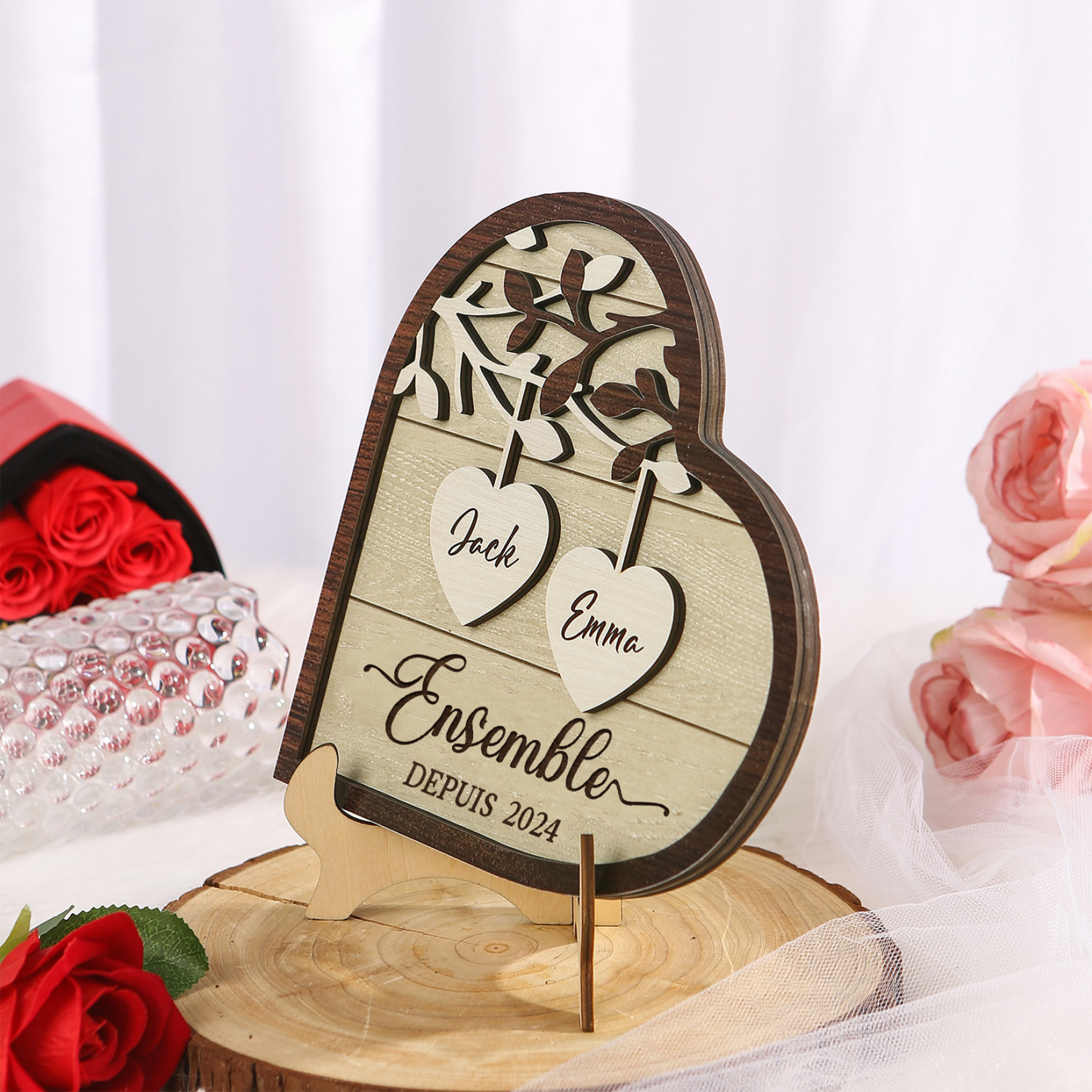 Décoration en bois 2 Prénoms personnalisés avec année Cadeau pour couple saint-valentin | Jessemade