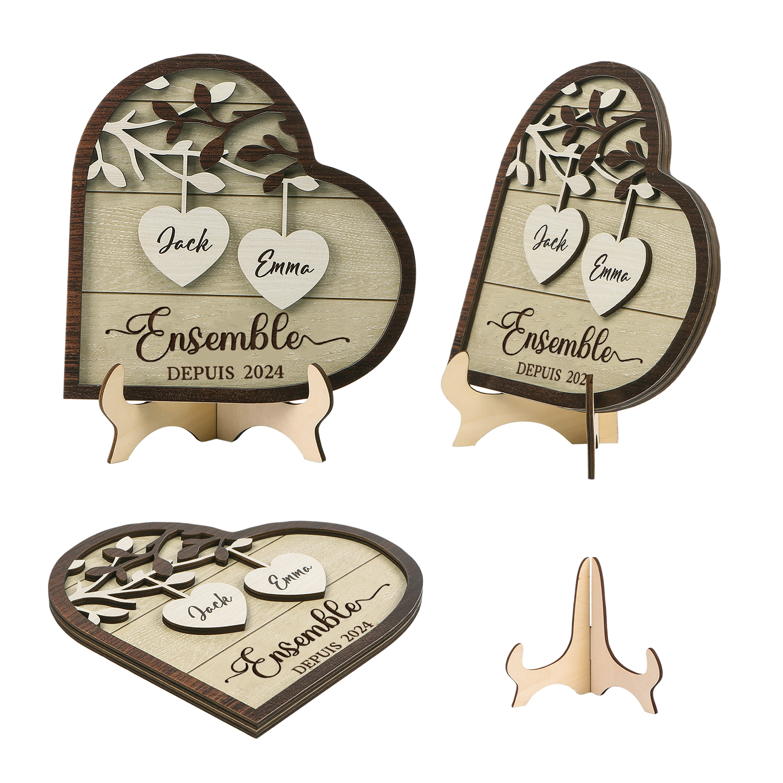 Décoration en bois 2 Prénoms personnalisés avec année Cadeau pour couple saint-valentin | Jessemade