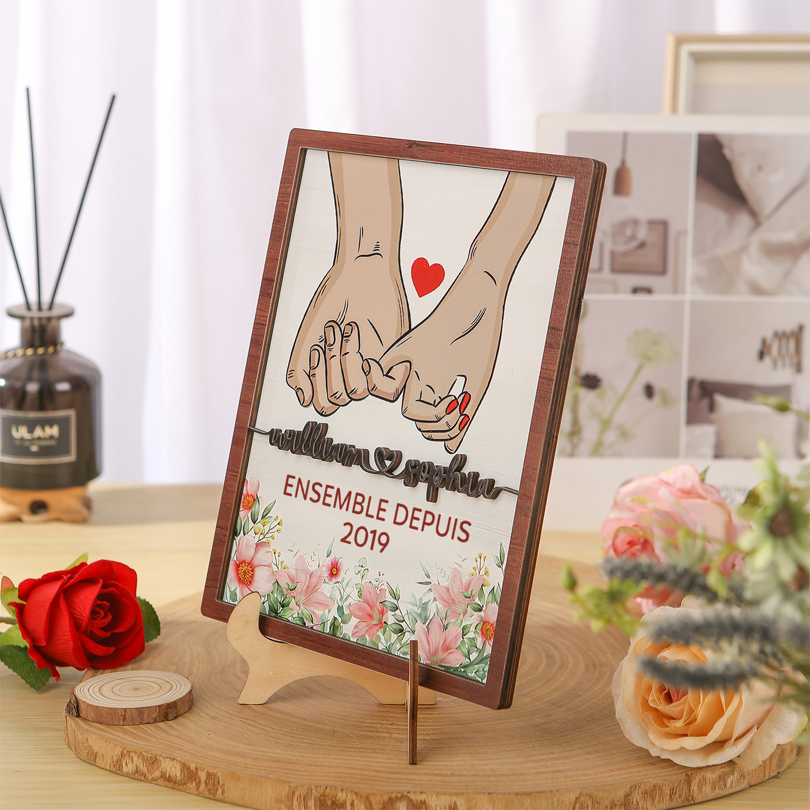 Décoration en bois mains 2 Prénoms personnalisés avec année Cadeau pour couple saint-valentin | Jessemade