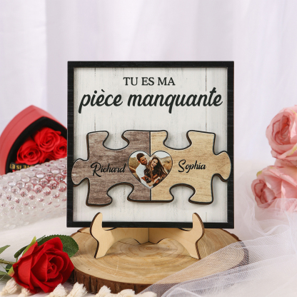 Décoration en bois pièce de puzzle 2 Prénoms personnalisés avec photo
