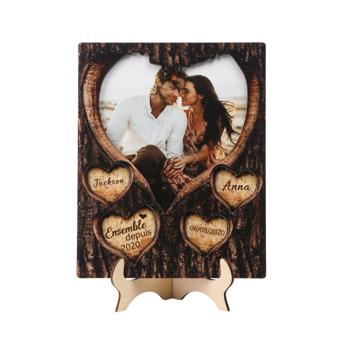 Décoration en bois en forme d’arbre 2 Prénoms personnalisés avec photo et date Cadeau pour couple saint-valentin | Jessemade