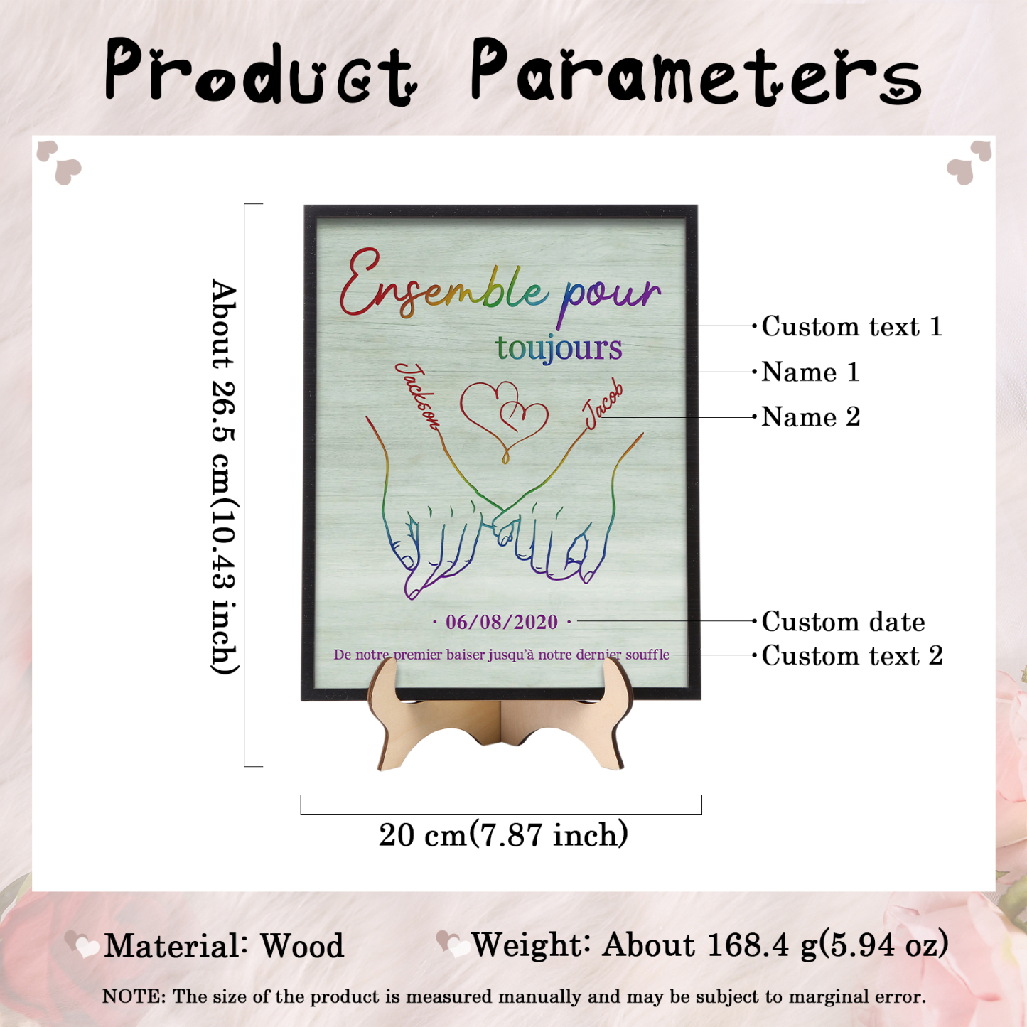 Cadre Imprimé en Bois Couple 2 Prénoms Personnalisés avec textes et date Cadeau pour couple saint-valentin | Jessemade