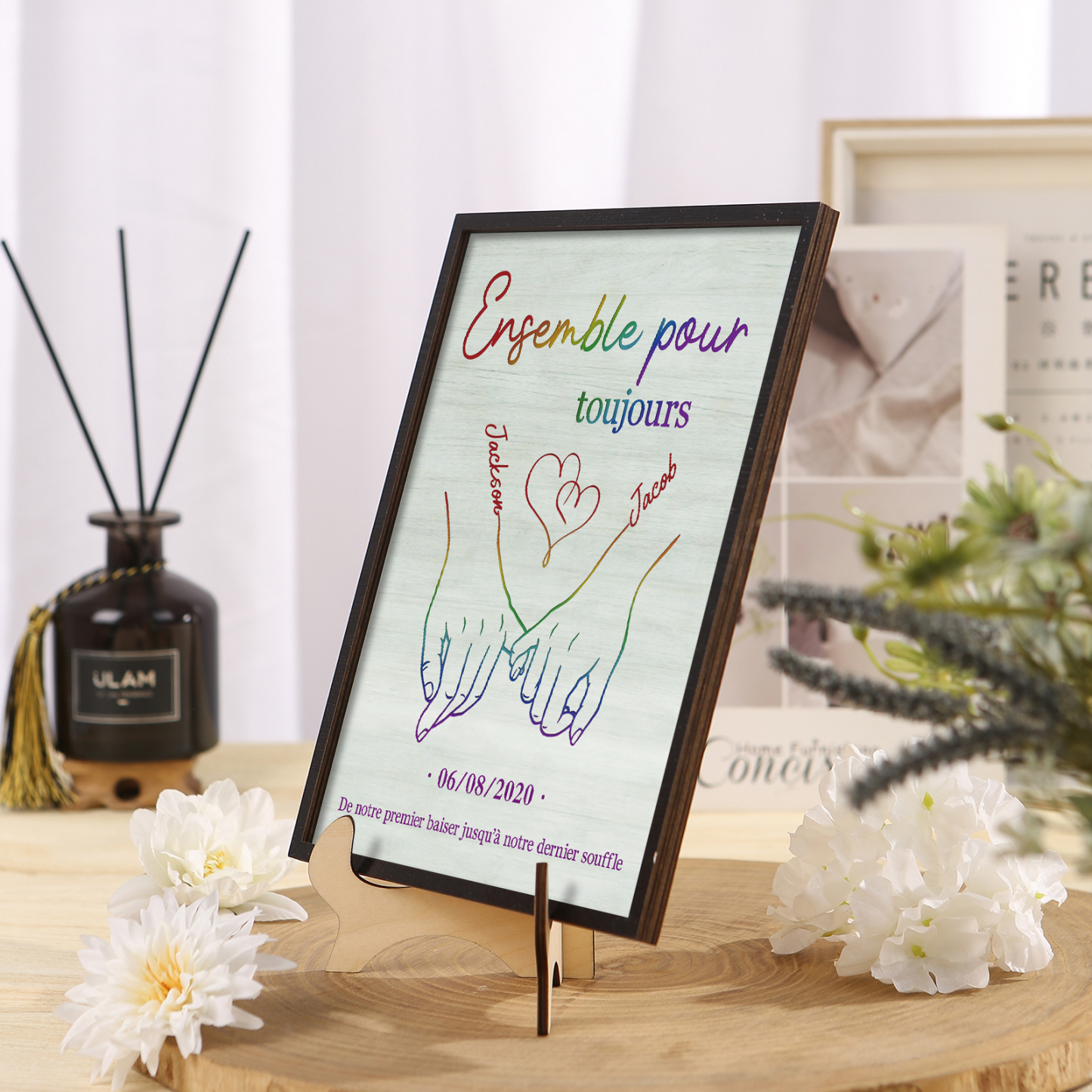 Cadre Imprimé en Bois Couple 2 Prénoms Personnalisés avec textes et date Cadeau pour couple saint-valentin | Jessemade