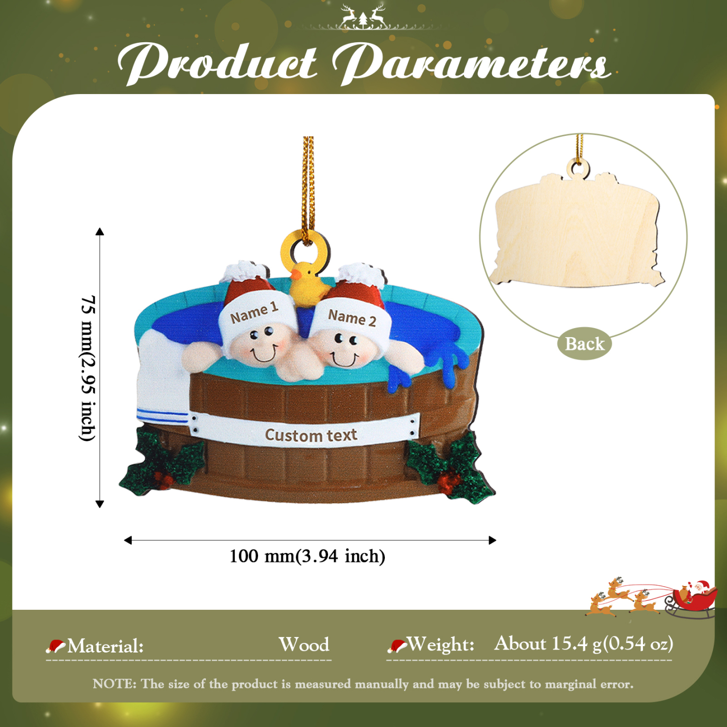 Décoration Sapin Noël en Bois remous 2 Prénoms Personnalisés avec Texte Ornement pour Famille | Jessemade