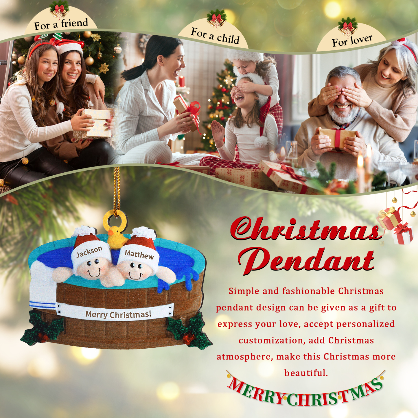 Décoration Sapin Noël en Bois remous 2 Prénoms Personnalisés avec Texte Ornement pour Famille | Jessemade