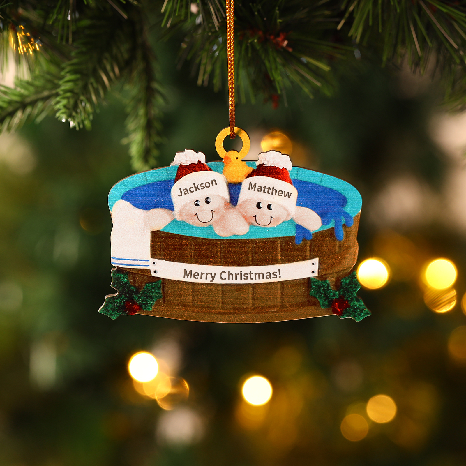 Décoration Sapin Noël en Bois remous 2 Prénoms Personnalisés avec Text