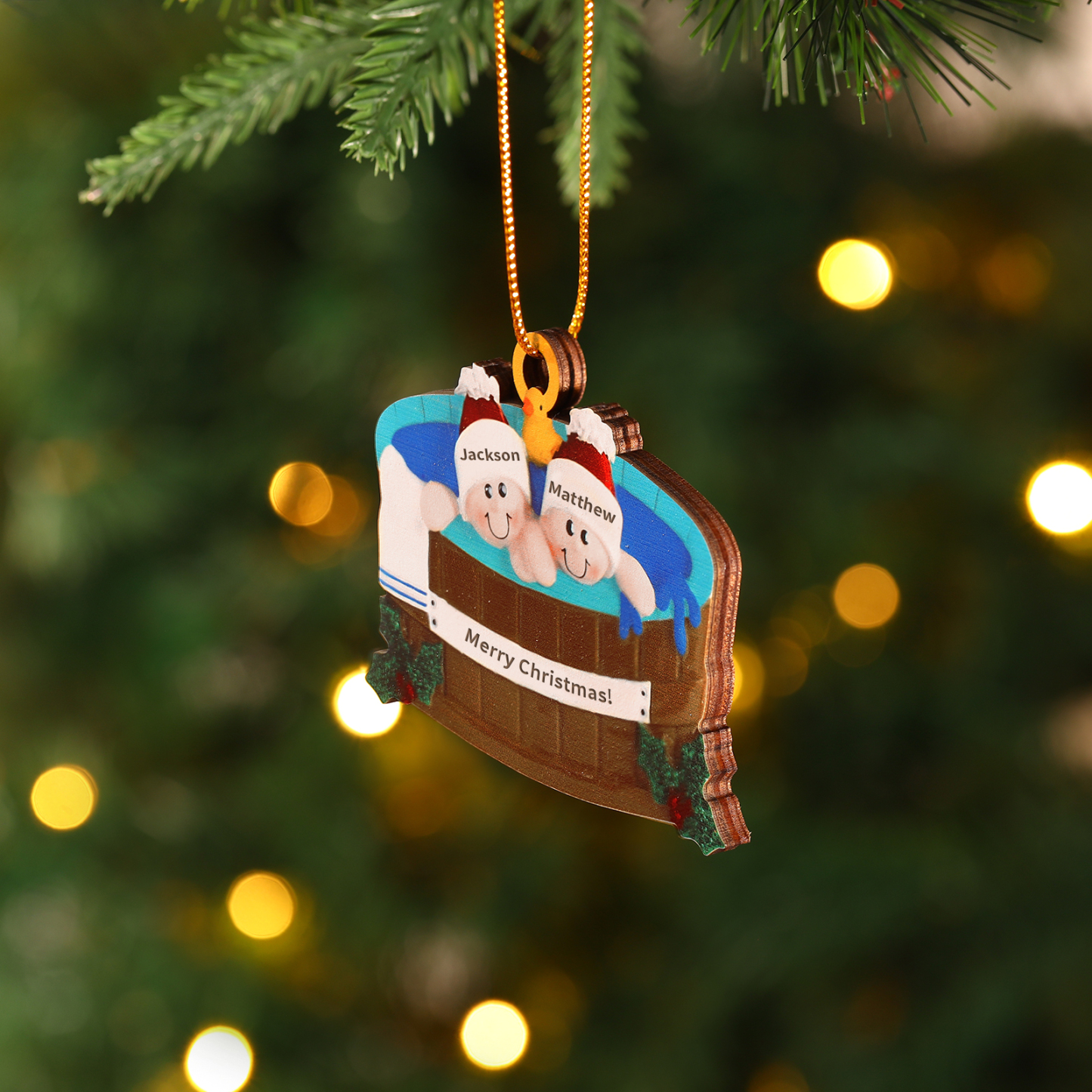Décoration Sapin Noël en Bois remous 2 Prénoms Personnalisés avec Texte Ornement pour Famille | Jessemade