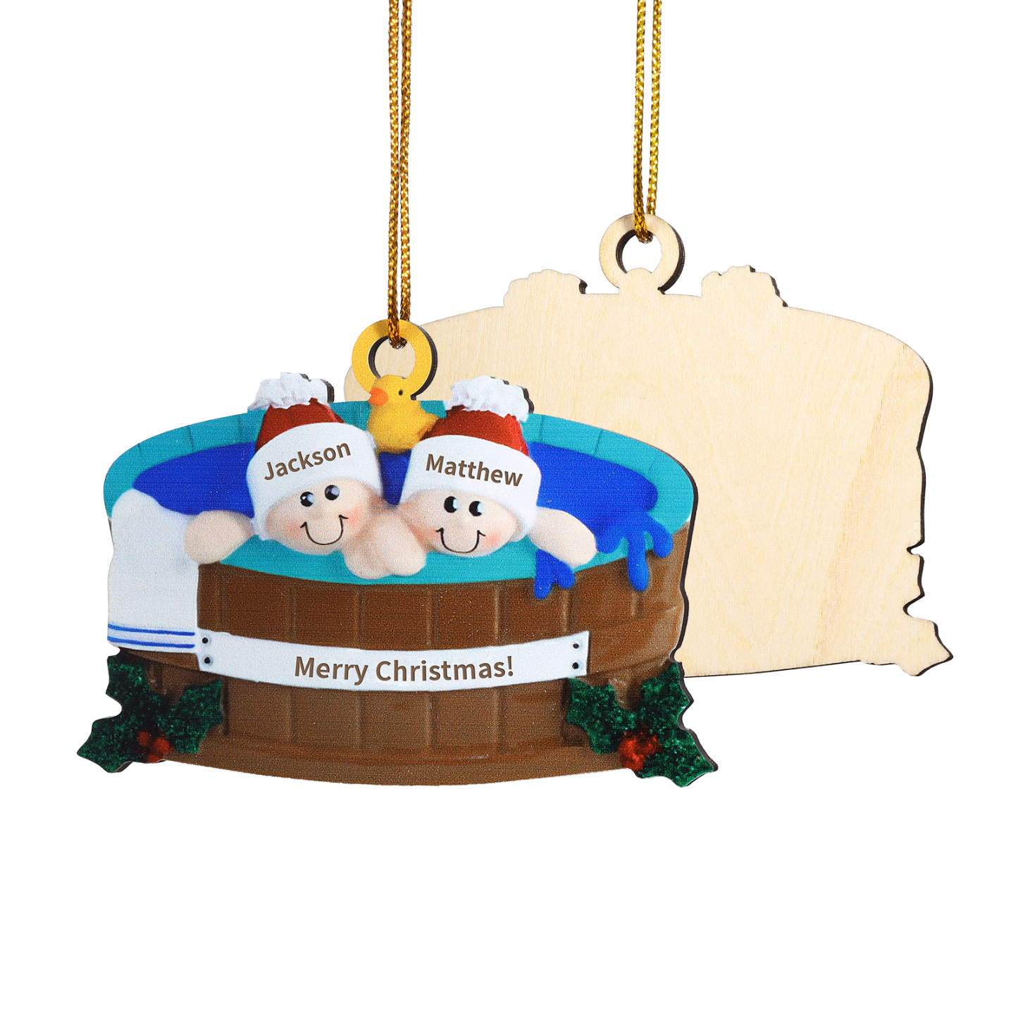 Décoration Sapin Noël en Bois remous 2 Prénoms Personnalisés avec Texte Ornement pour Famille | Jessemade