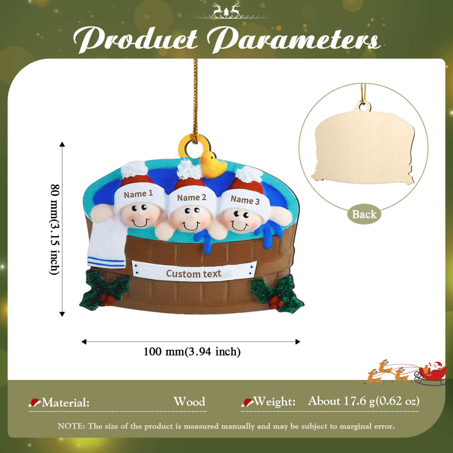Décoration Sapin Noël en Bois remous 3 Prénoms Personnalisés avec Texte Ornement pour Famille | Jessemade