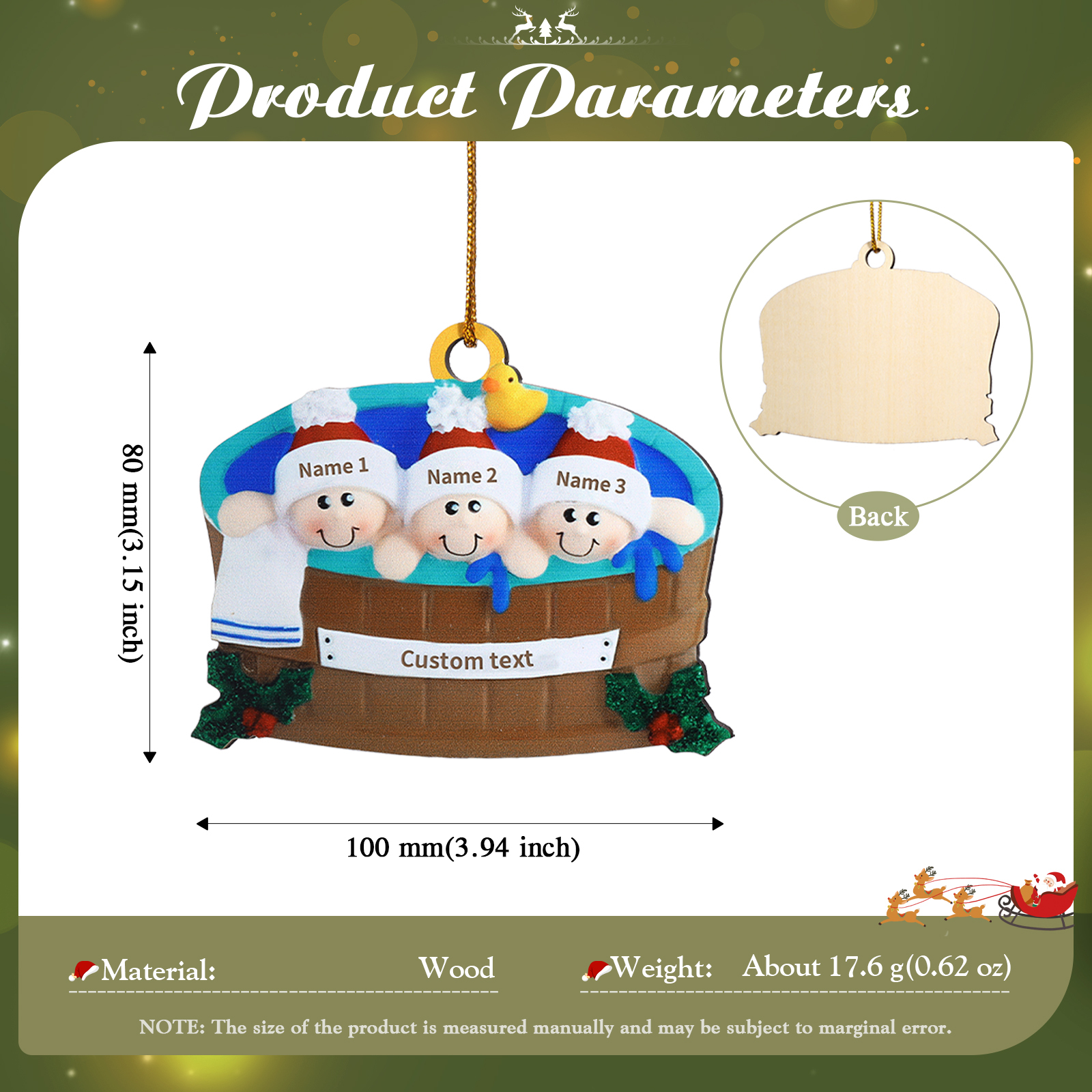 Décoration Sapin Noël en Bois remous 3 Prénoms Personnalisés avec Texte Ornement pour Famille | Jessemade