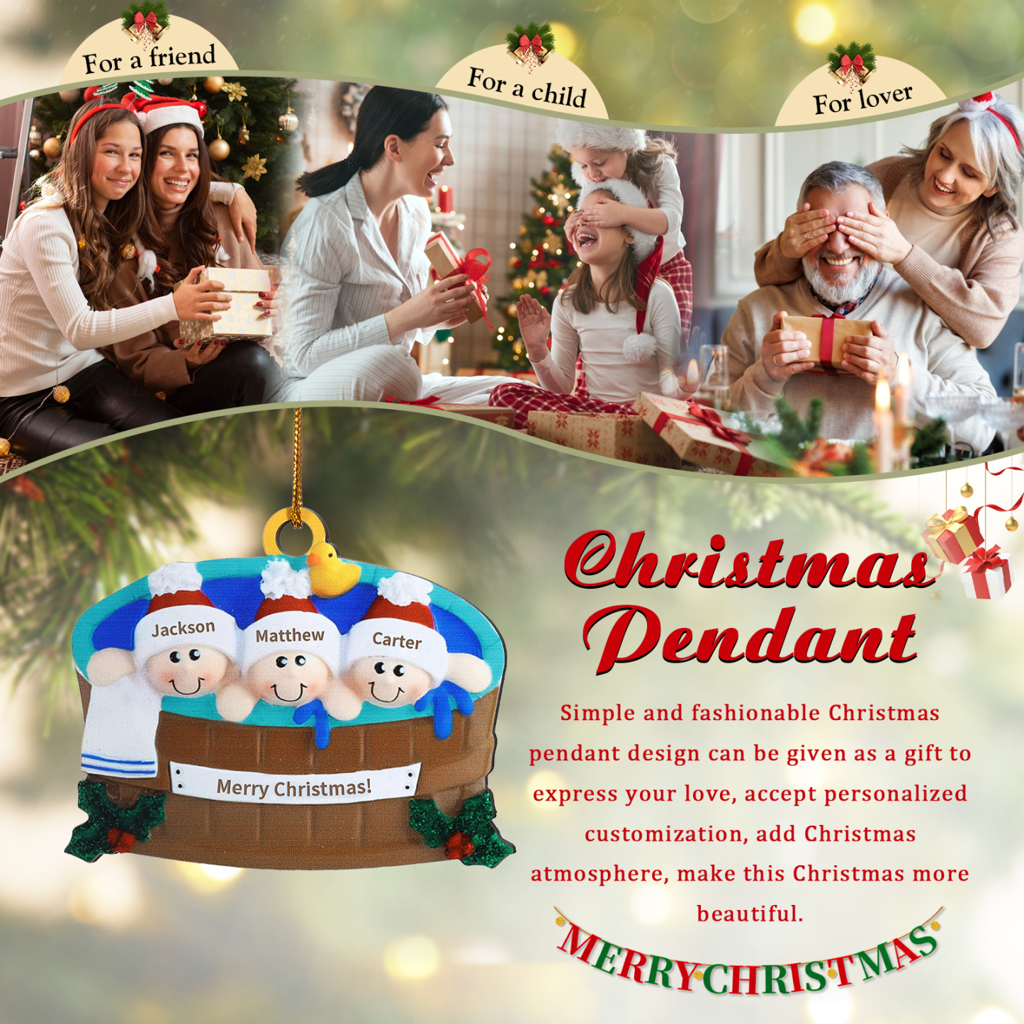 Décoration Sapin Noël en Bois remous 3 Prénoms Personnalisés avec Texte Ornement pour Famille | Jessemade