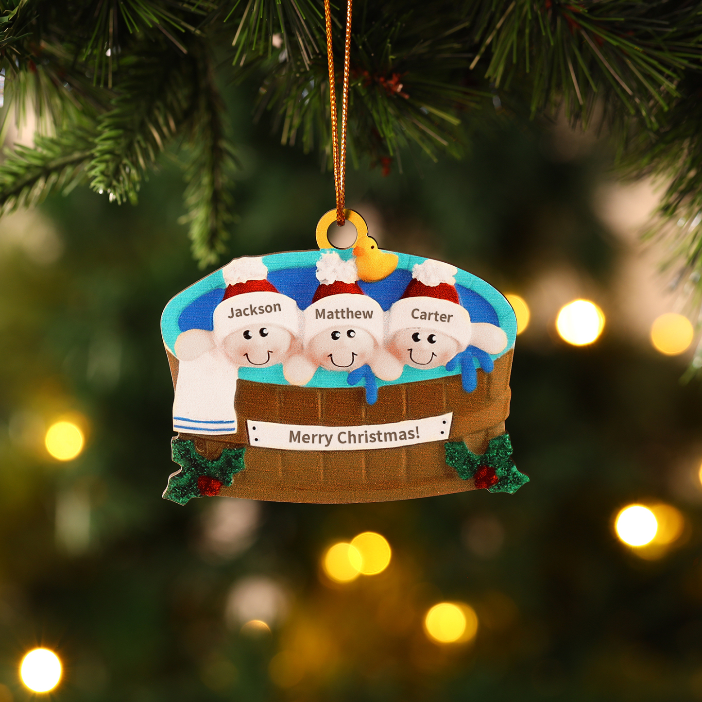 Décoration Sapin Noël en Bois remous 3 Prénoms Personnalisés avec Text