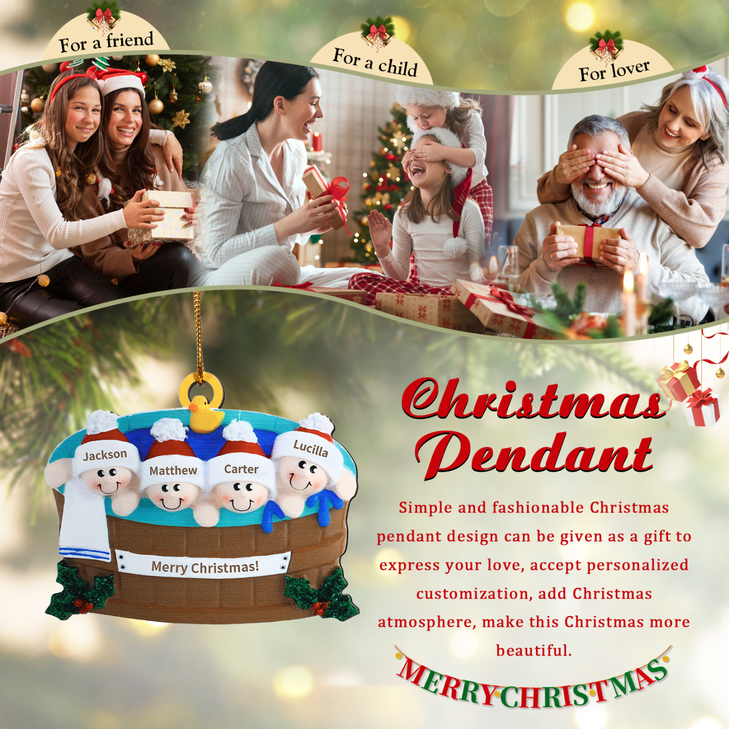 Décoration Sapin Noël en Bois remous 4 Prénoms Personnalisés avec Texte Ornement pour Famille | Jessemade