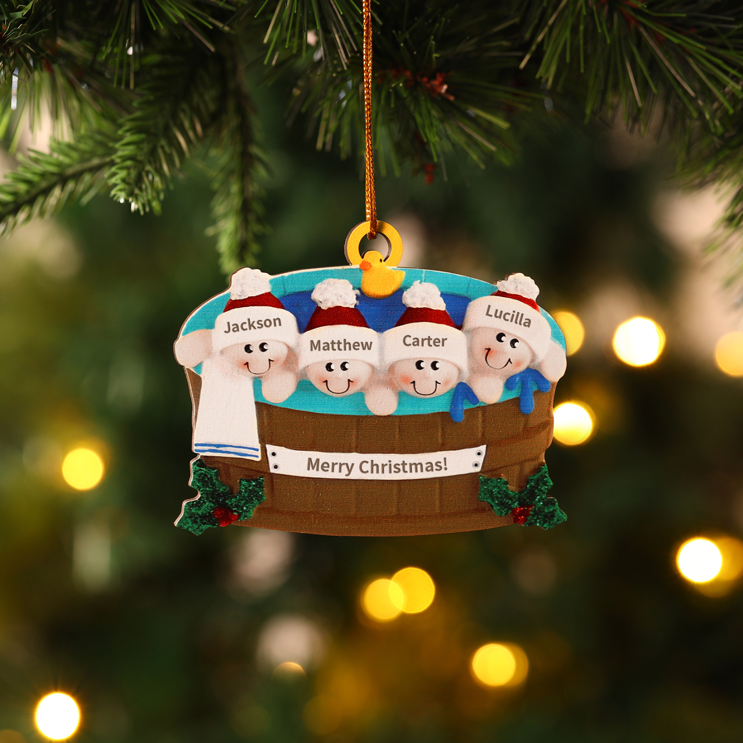 Décoration Sapin Noël en Bois remous 4 Prénoms Personnalisés avec Text