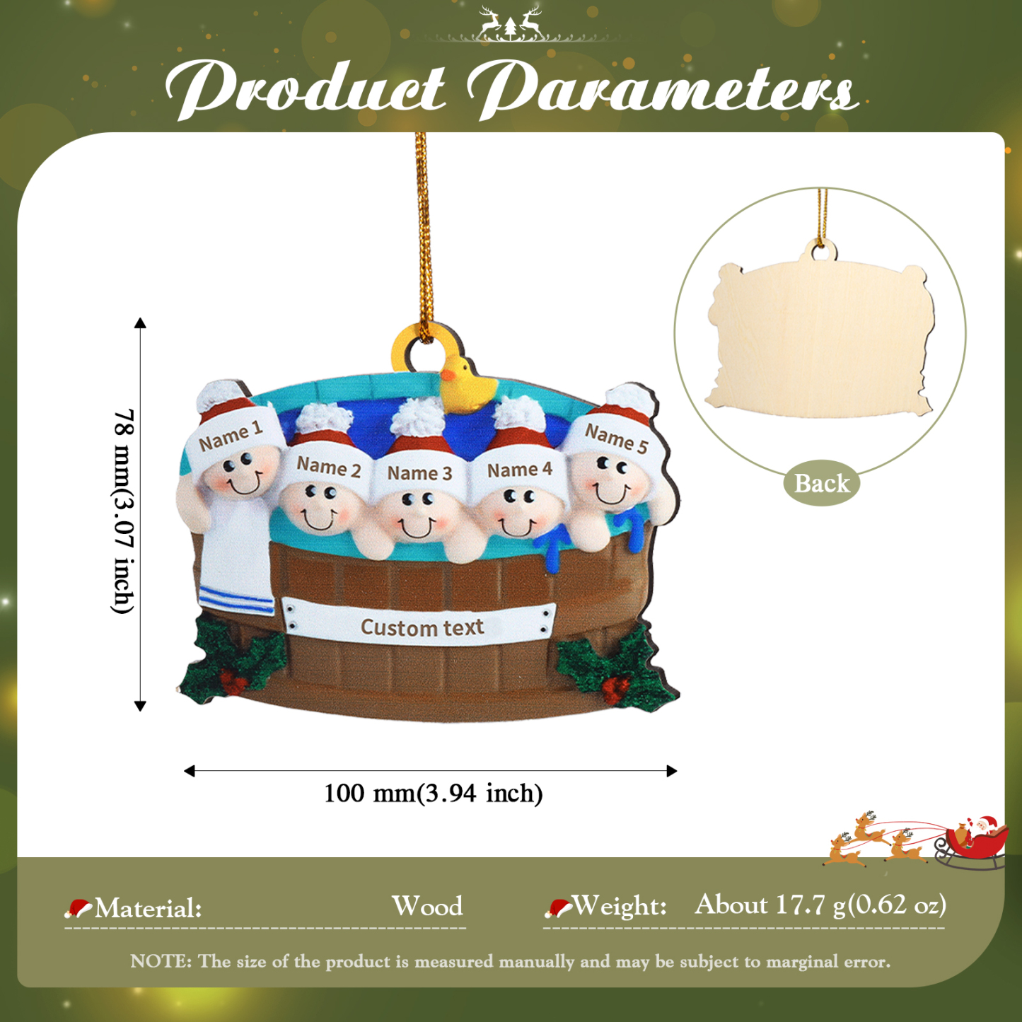 Décoration Sapin Noël en Bois remous 5 Prénoms Personnalisés avec Texte Ornement pour Famille | Jessemade