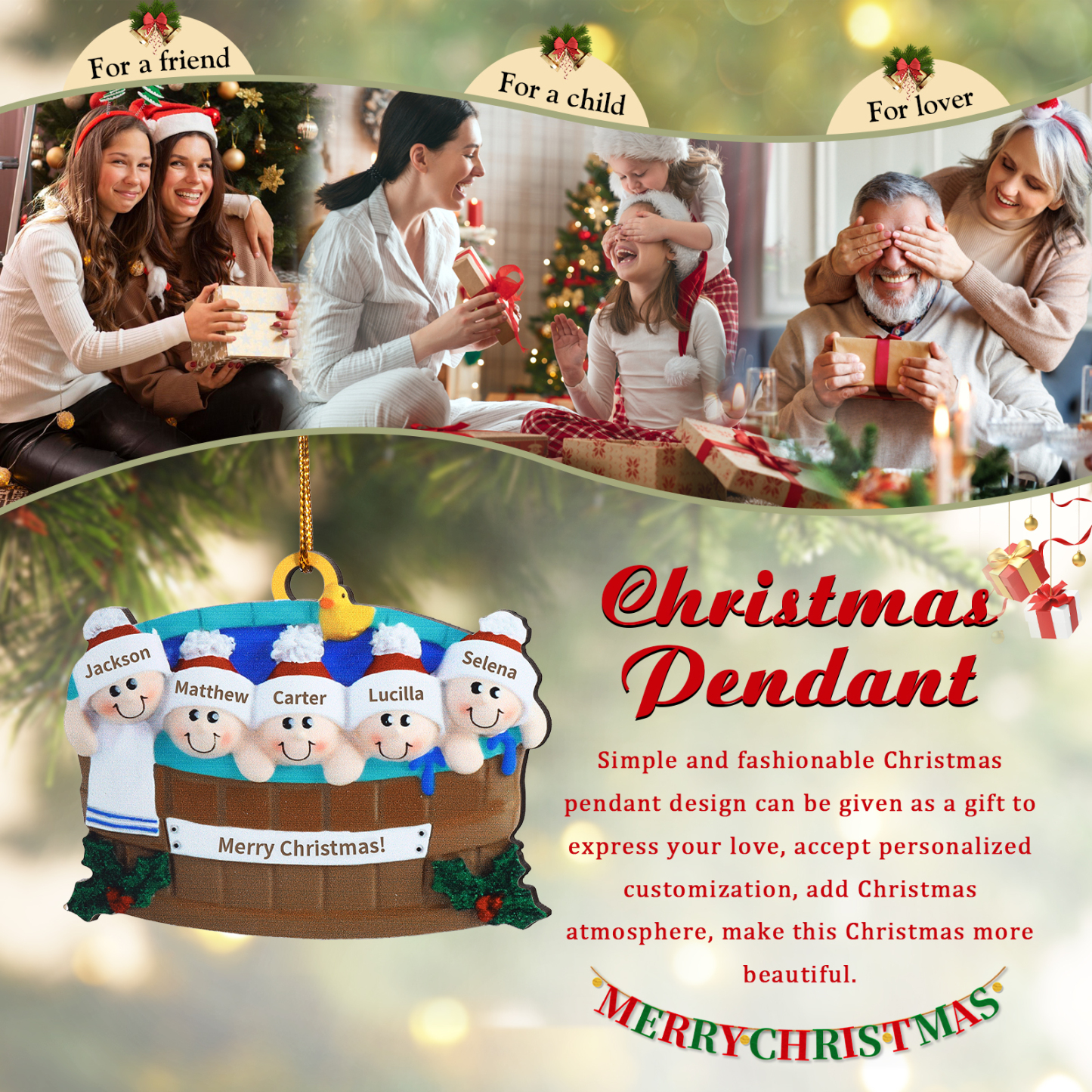 Décoration Sapin Noël en Bois remous 5 Prénoms Personnalisés avec Texte Ornement pour Famille | Jessemade