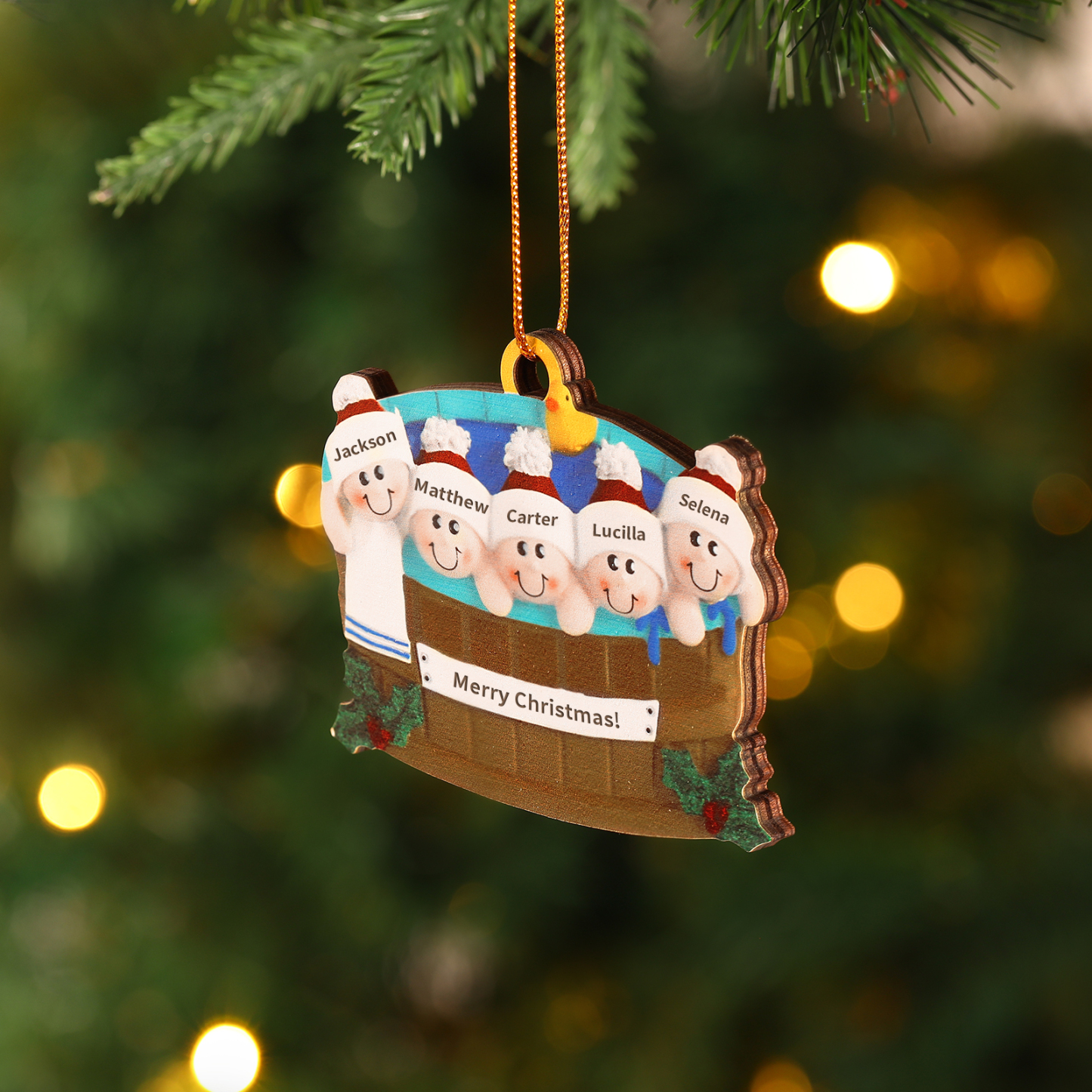 Décoration Sapin Noël en Bois remous 5 Prénoms Personnalisés avec Texte Ornement pour Famille | Jessemade