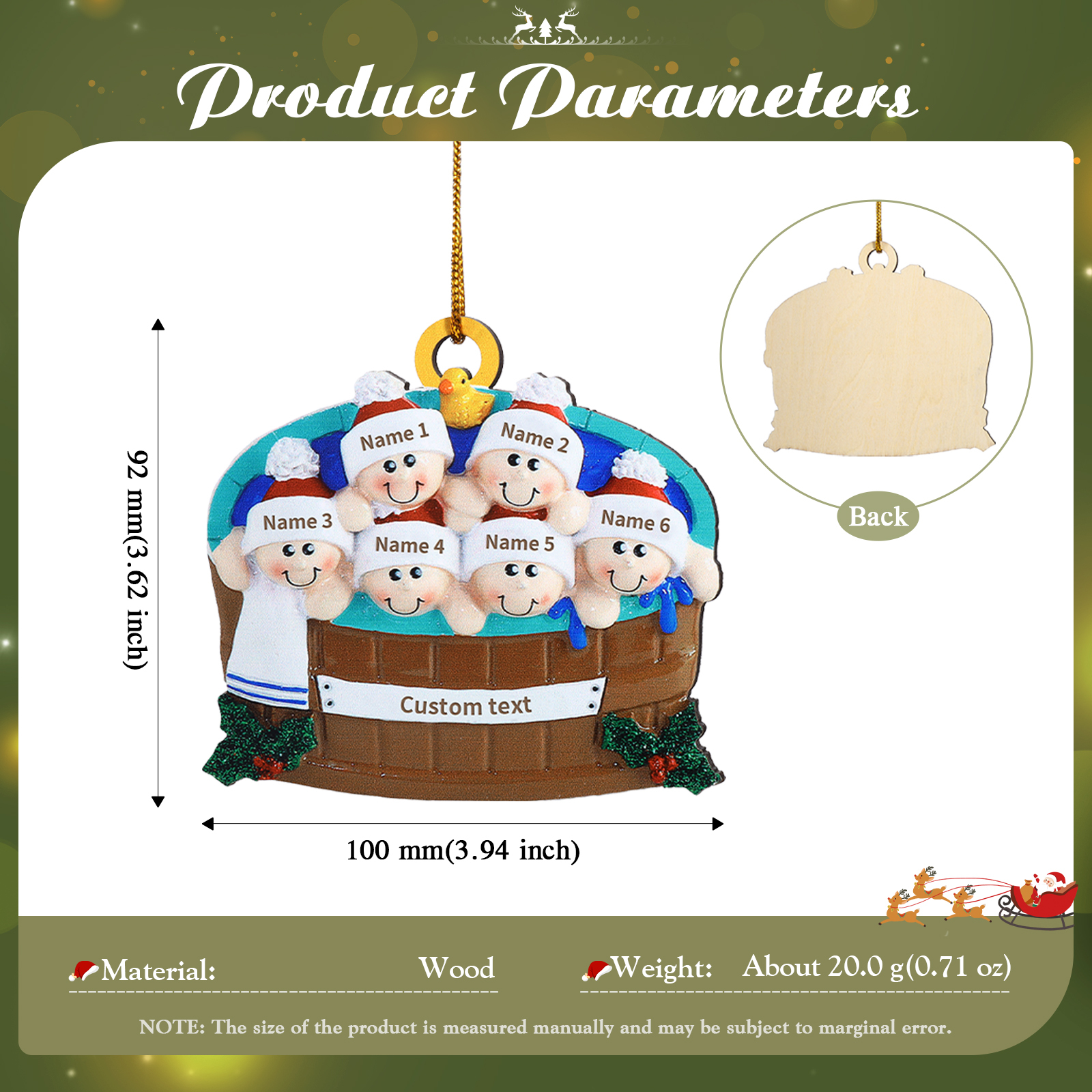 Décoration Sapin Noël en Bois remous 6 Prénoms Personnalisés avec Texte Ornement pour Famille | Jessemade