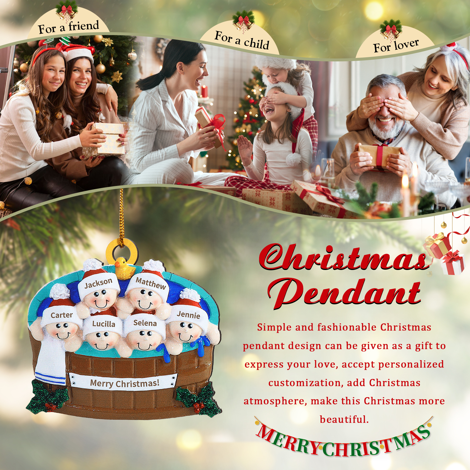 Décoration Sapin Noël en Bois remous 6 Prénoms Personnalisés avec Texte Ornement pour Famille | Jessemade