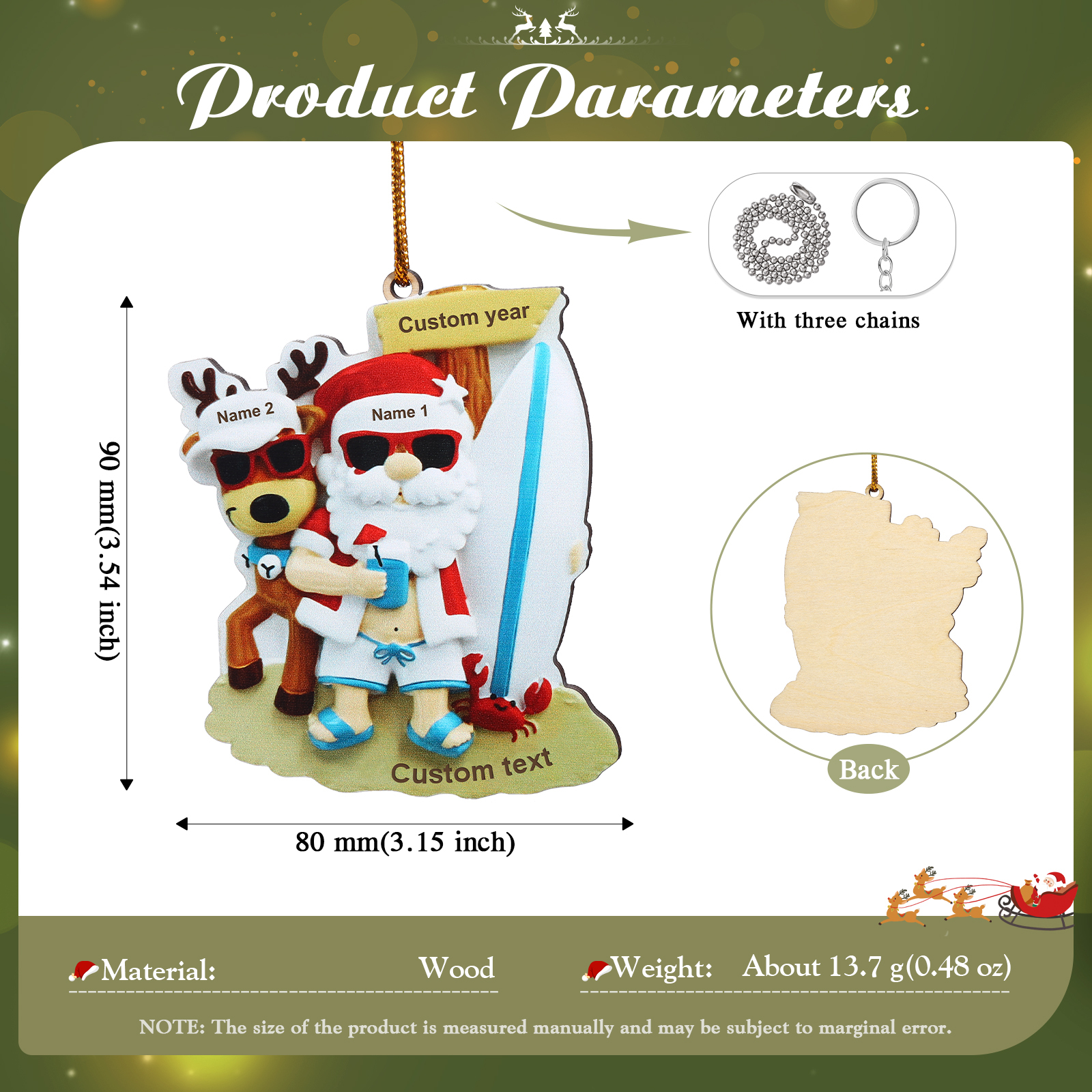 Décoration Sapin Noël en Bois Père Noël et Rennes 2 Prénoms Personnalisés avec Texte Ornement pour Famille | Jessemade