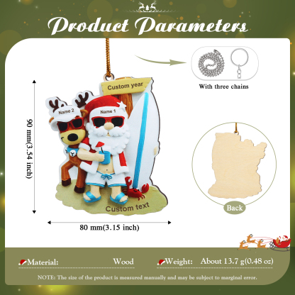 Décoration Sapin Noël en Bois Père Noël et Rennes 2 Prénoms Personnalisés avec Texte Ornement pour Famille | Jessemade