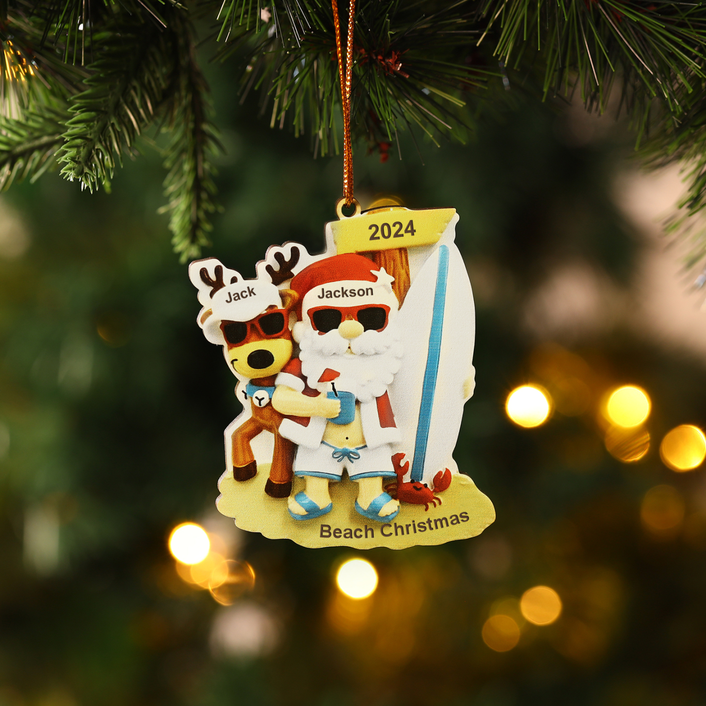 Décoration Sapin Noël en Bois Père Noël et Rennes 2 Prénoms Personnali