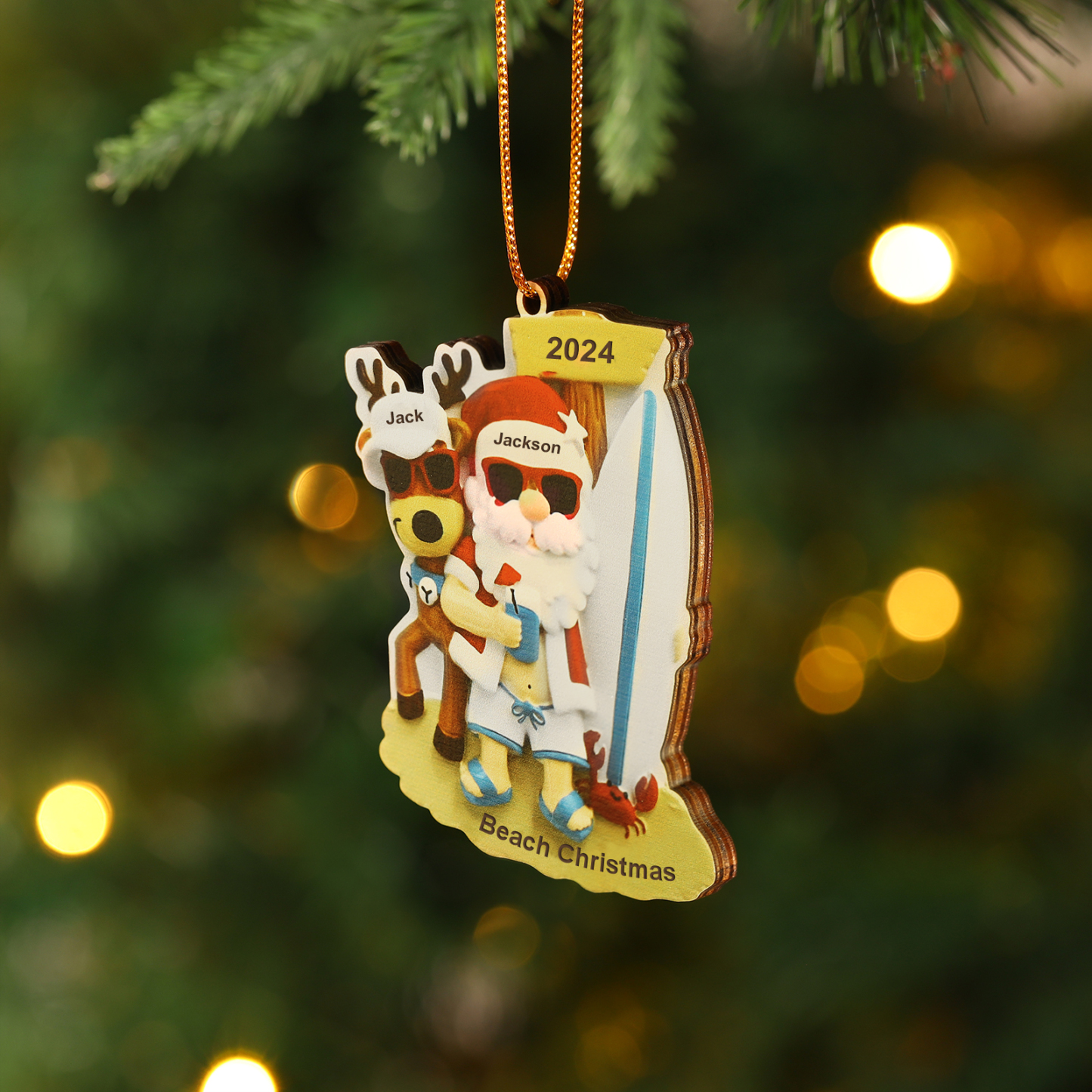 Décoration Sapin Noël en Bois Père Noël et Rennes 2 Prénoms Personnalisés avec Texte Ornement pour Famille | Jessemade