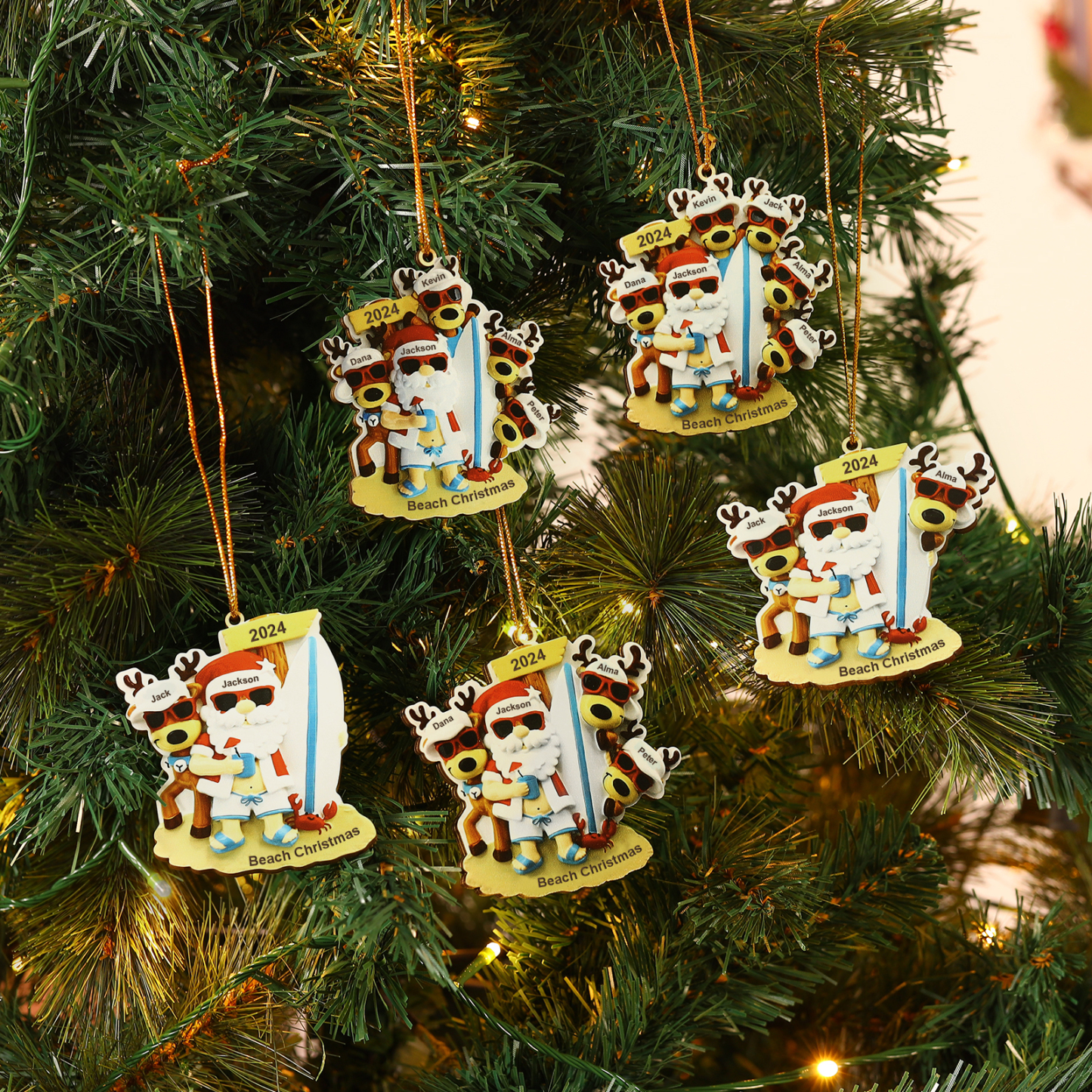 Décoration Sapin Noël en Bois Père Noël et Rennes 2 Prénoms Personnalisés avec Texte Ornement pour Famille | Jessemade