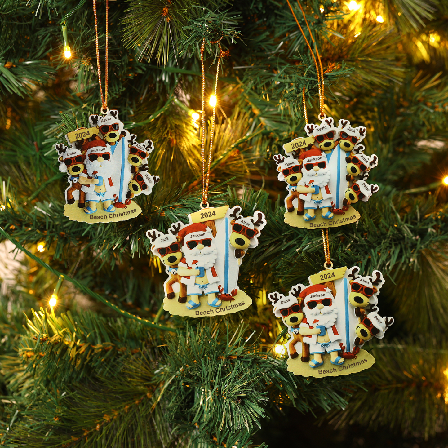 Décoration Sapin Noël en Bois Père Noël et Rennes 2 Prénoms Personnalisés avec Texte Ornement pour Famille | Jessemade