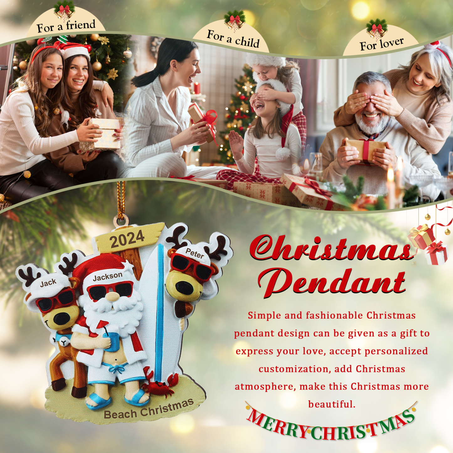 Décoration Sapin Noël en Bois Père Noël et Rennes 3 Prénoms Personnalisés avec Texte Ornement pour Famille | Jessemade