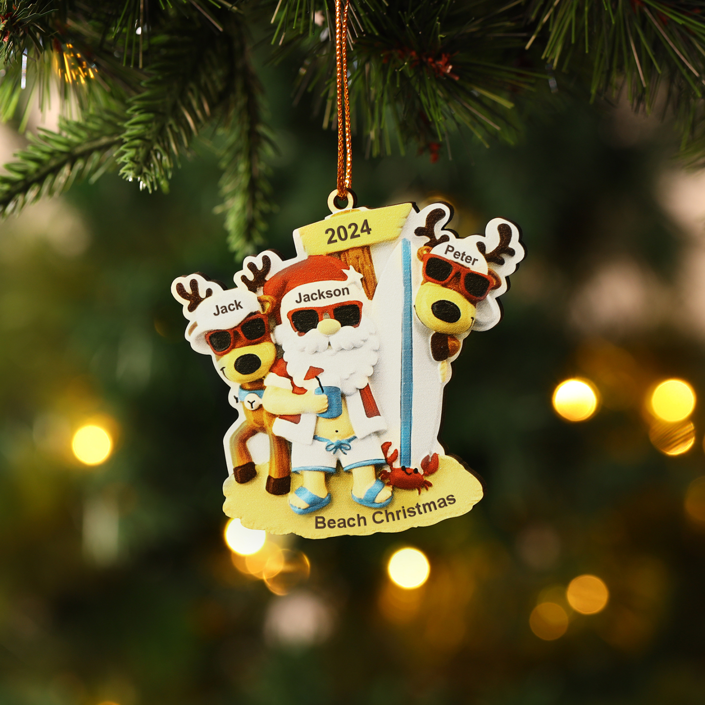 Décoration Sapin Noël en Bois Père Noël et Rennes 3 Prénoms Personnali