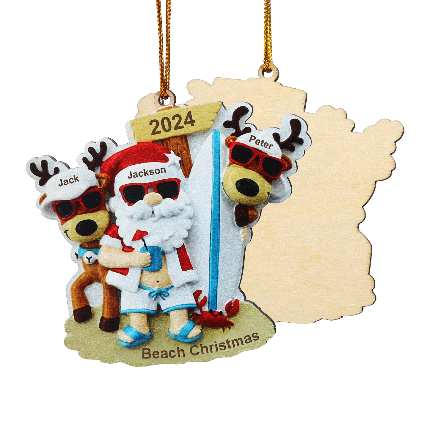 Décoration Sapin Noël en Bois Père Noël et Rennes 3 Prénoms Personnalisés avec Texte Ornement pour Famille | Jessemade