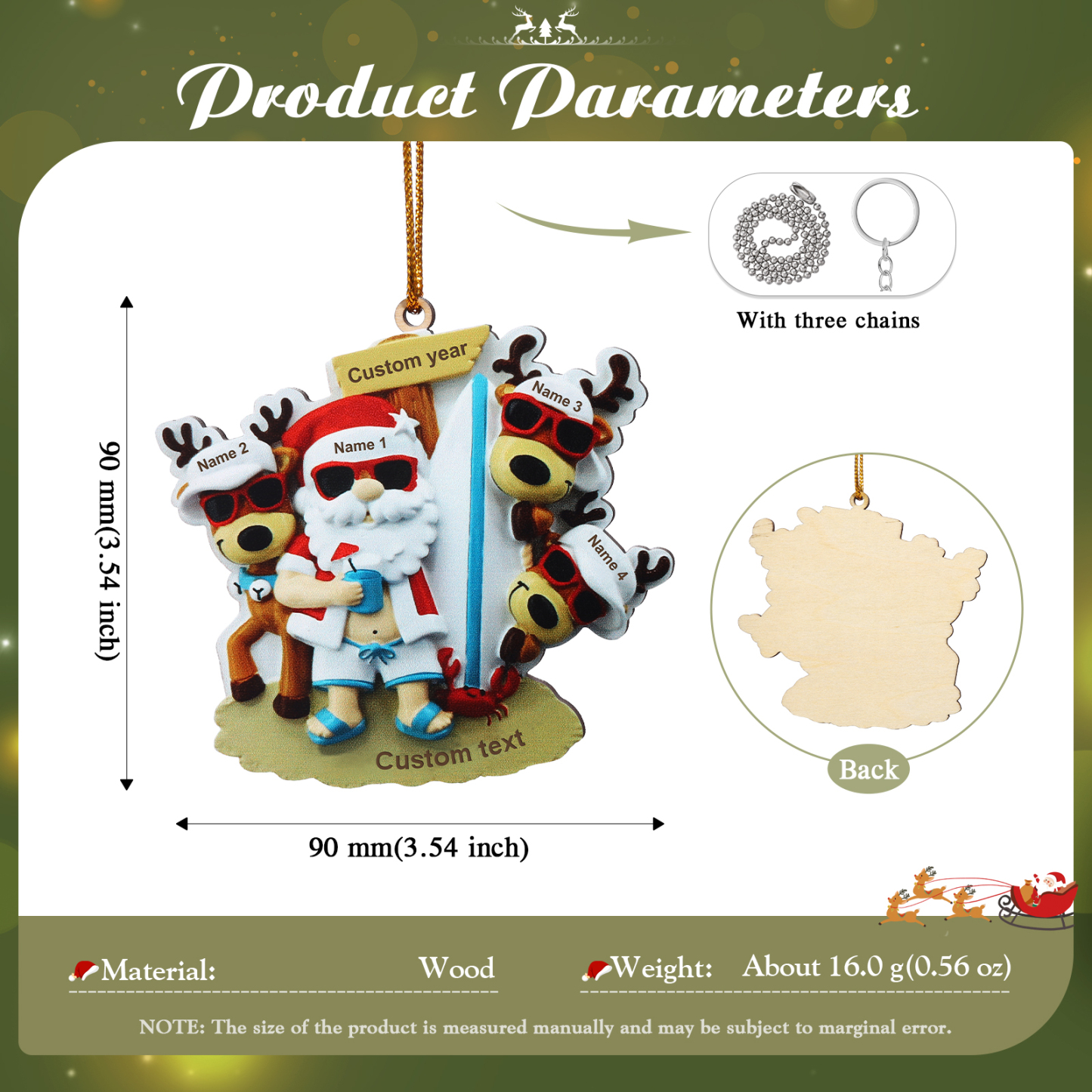Décoration Sapin Noël en Bois Père Noël et Rennes 4 Prénoms Personnalisés avec Texte Ornement pour Famille | Jessemade