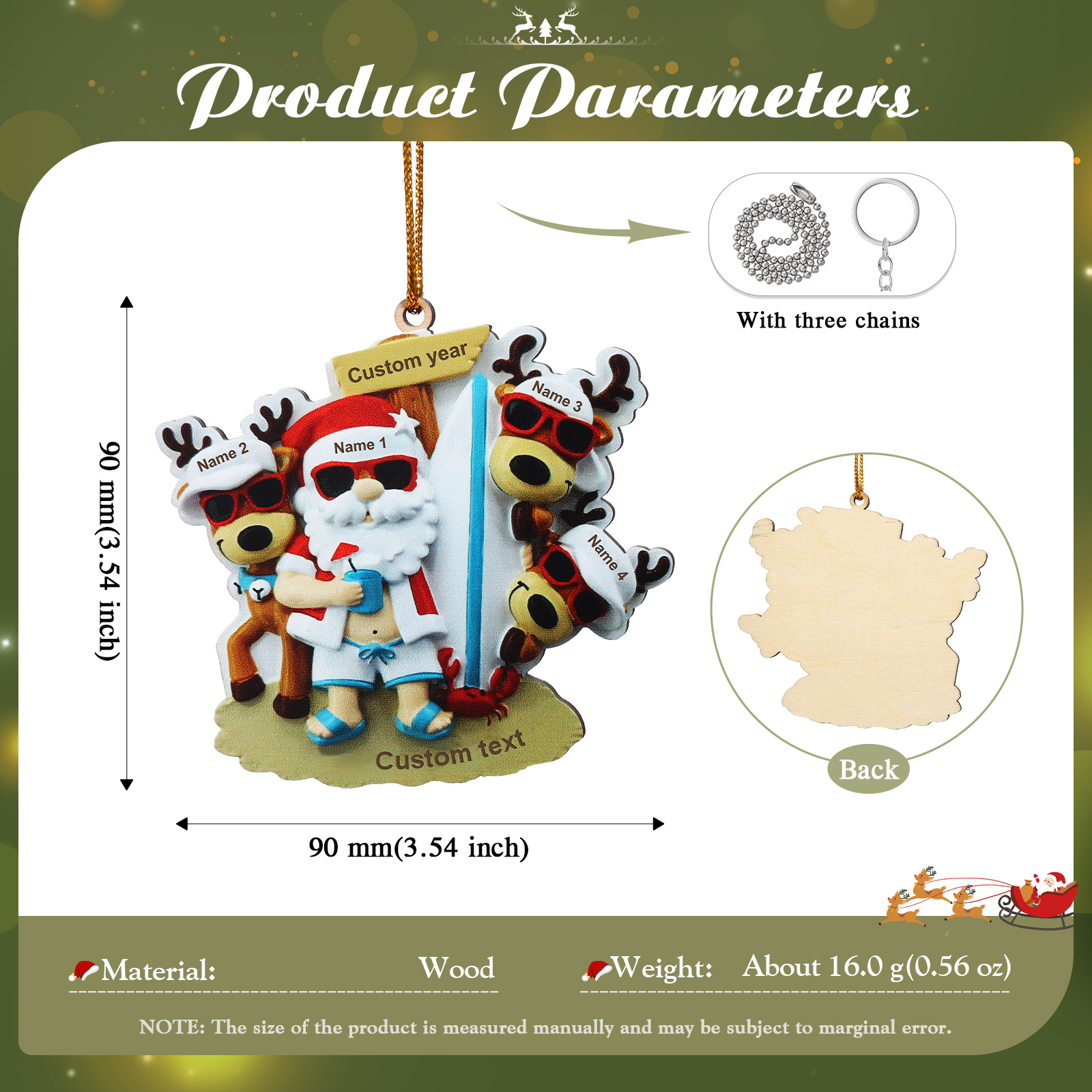 Décoration Sapin Noël en Bois Père Noël et Rennes 4 Prénoms Personnalisés avec Texte Ornement pour Famille | Jessemade
