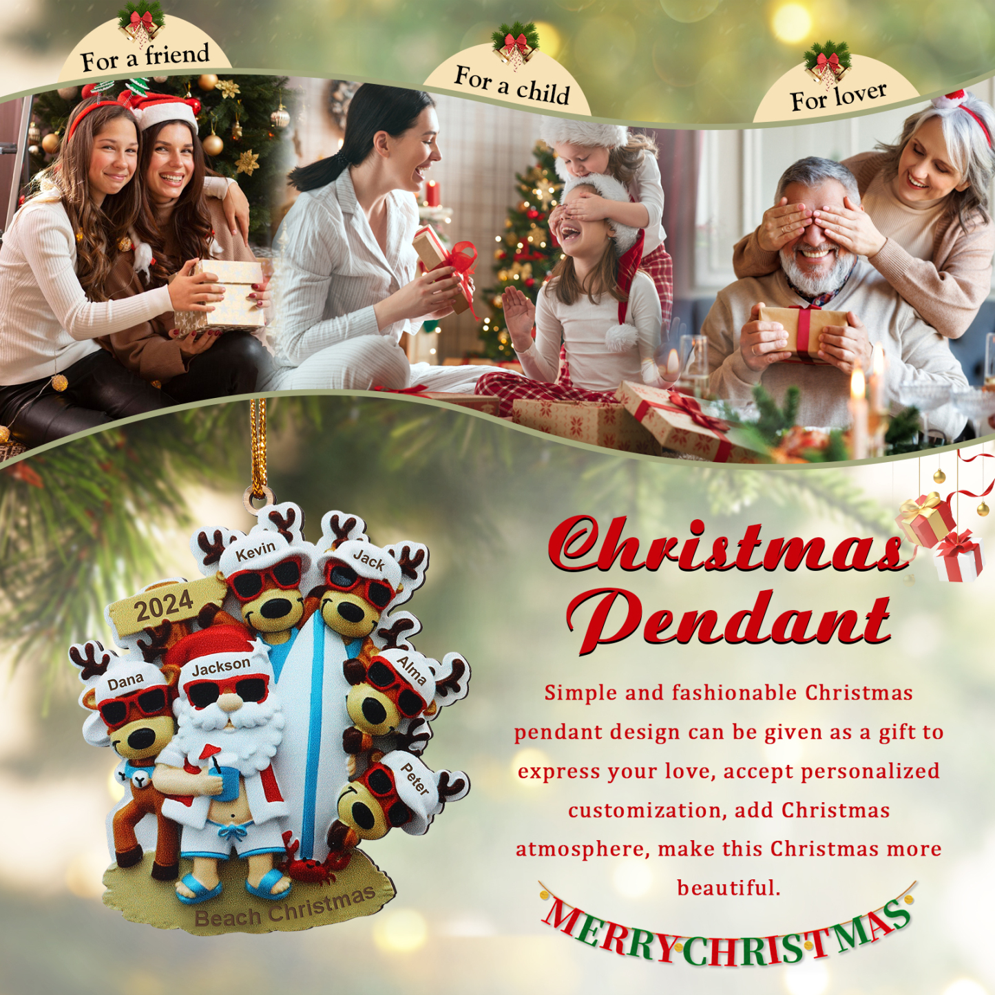 Décoration Sapin Noël en Bois Père Noël et Rennes 6 Prénoms Personnalisés avec Texte Ornement pour Famille | Jessemade