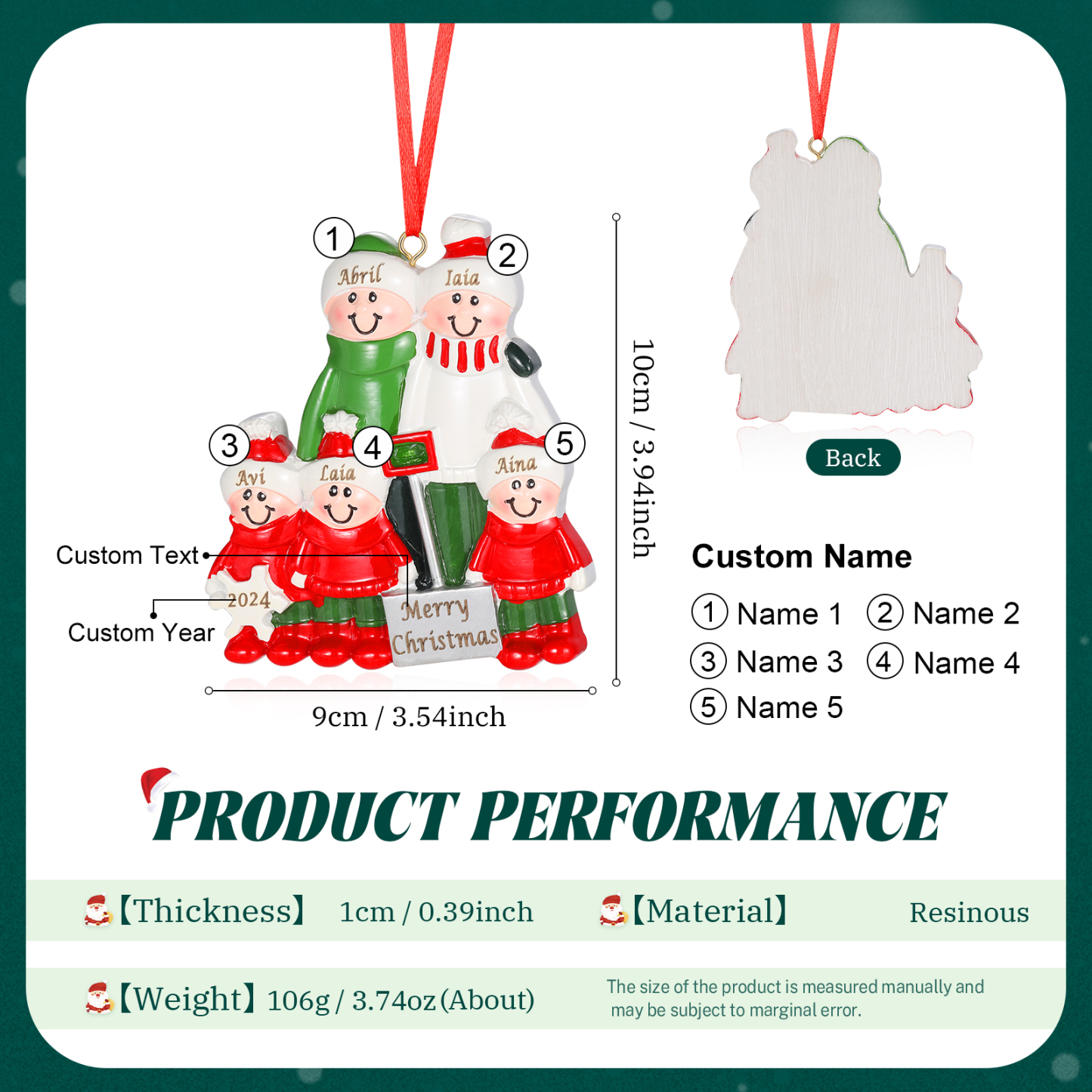 Décoration Sapin Noël en Résine 5 Prénoms Personnalisés avec Texte Ornement Cadeau pour Famille | Jessemade