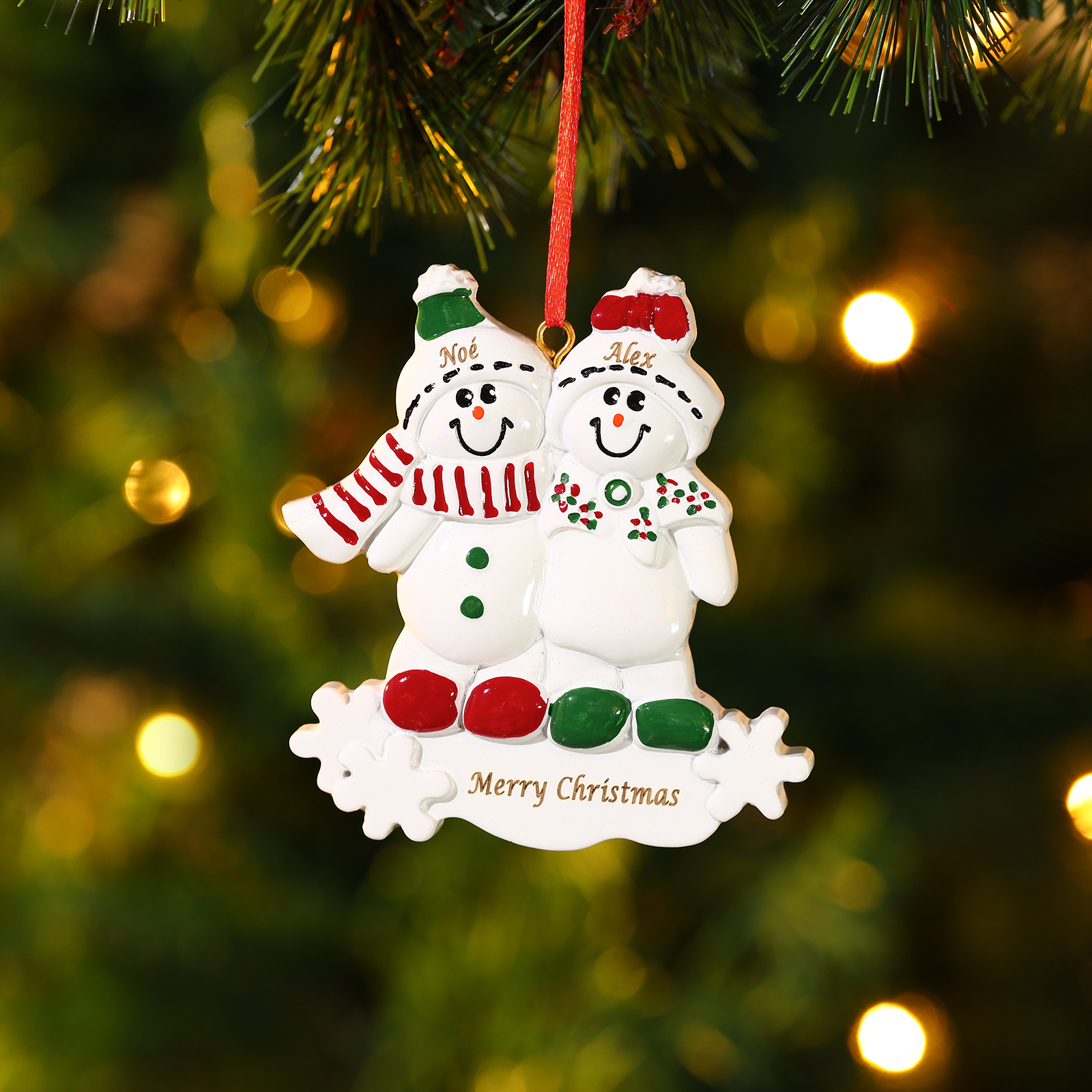 Décoration Sapin Noël en Résine 2 Prénoms Personnalisé avec Texte Ornement Bonhomme de neige pour Famille | Jessemade