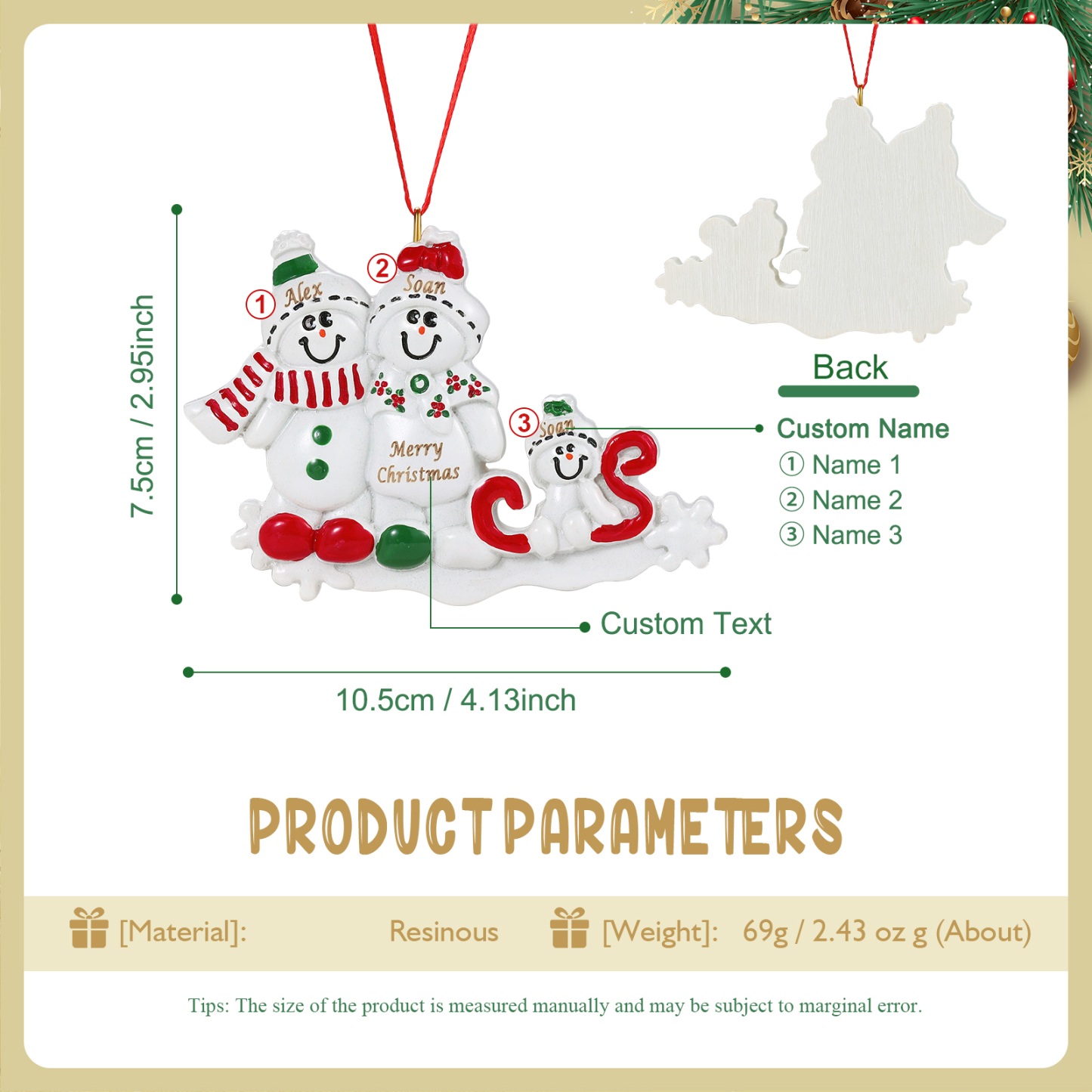 Décoration Sapin Noël en Résine 3 Prénoms Personnalisé avec Texte Ornement Bonhomme de neige pour Famille | Jessemade