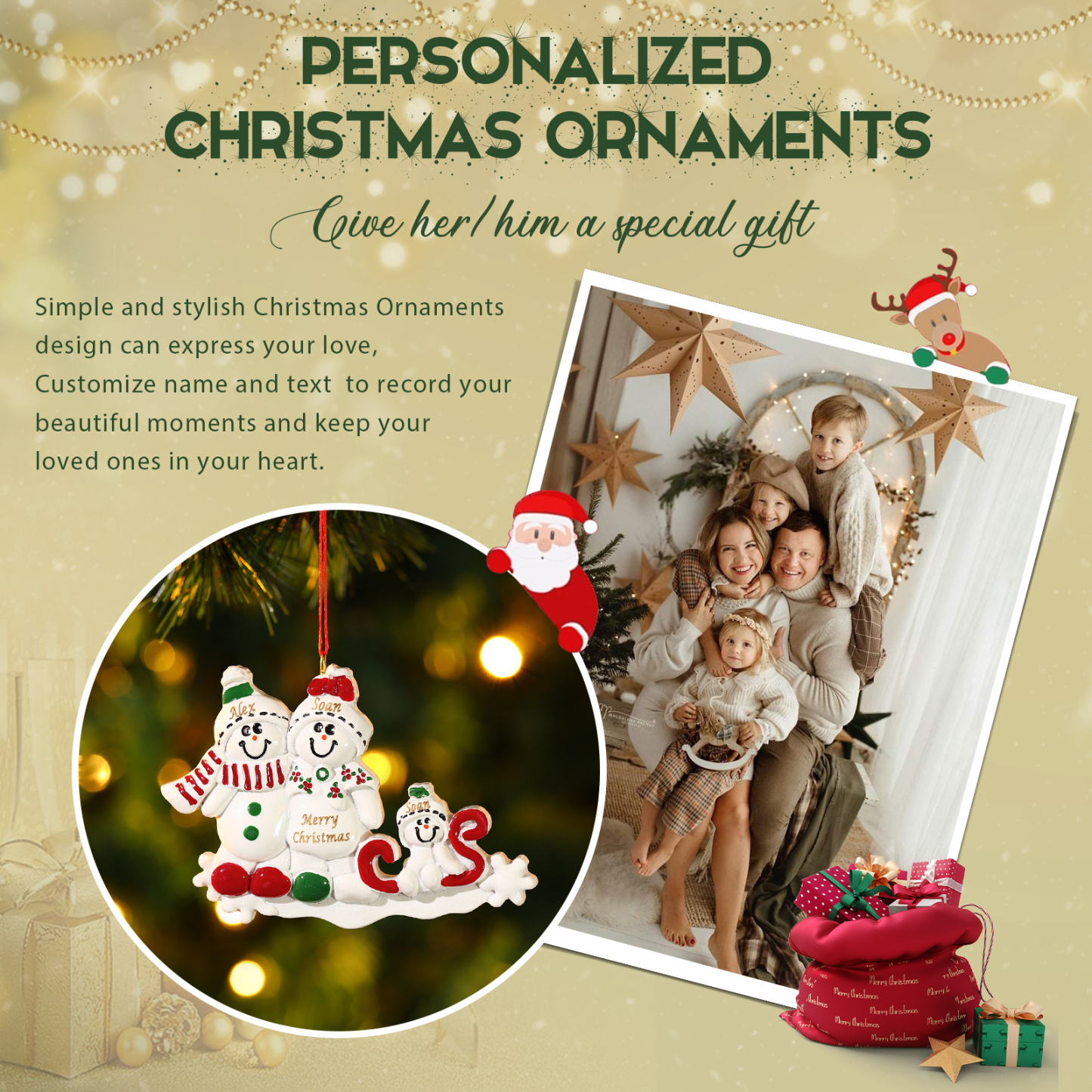 Décoration Sapin Noël en Résine 3 Prénoms Personnalisé avec Texte Ornement Bonhomme de neige pour Famille | Jessemade