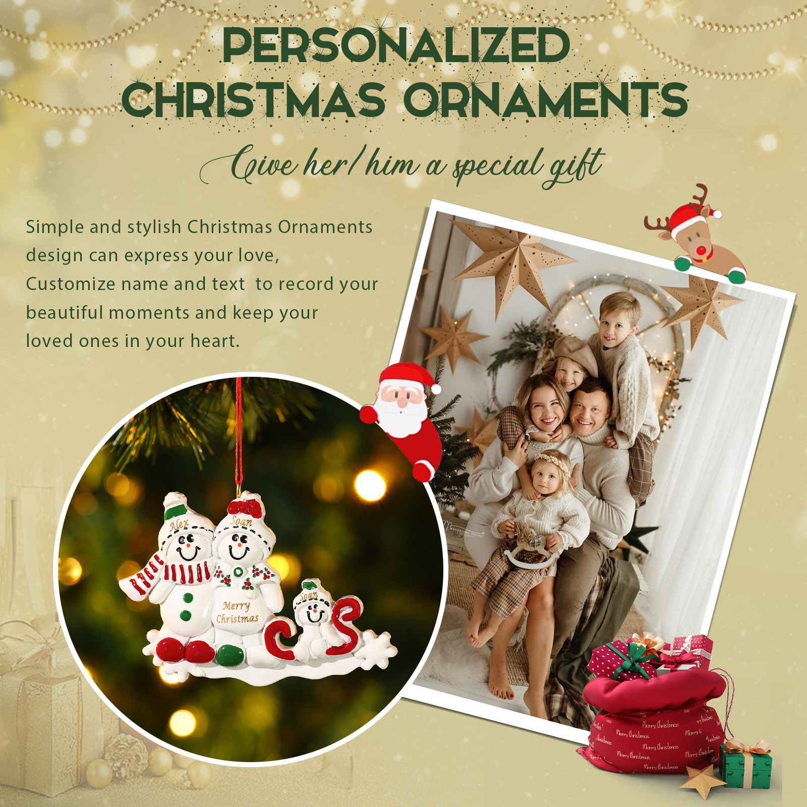 Décoration Sapin Noël en Résine 3 Prénoms Personnalisé avec Texte Ornement Bonhomme de neige pour Famille | Jessemade