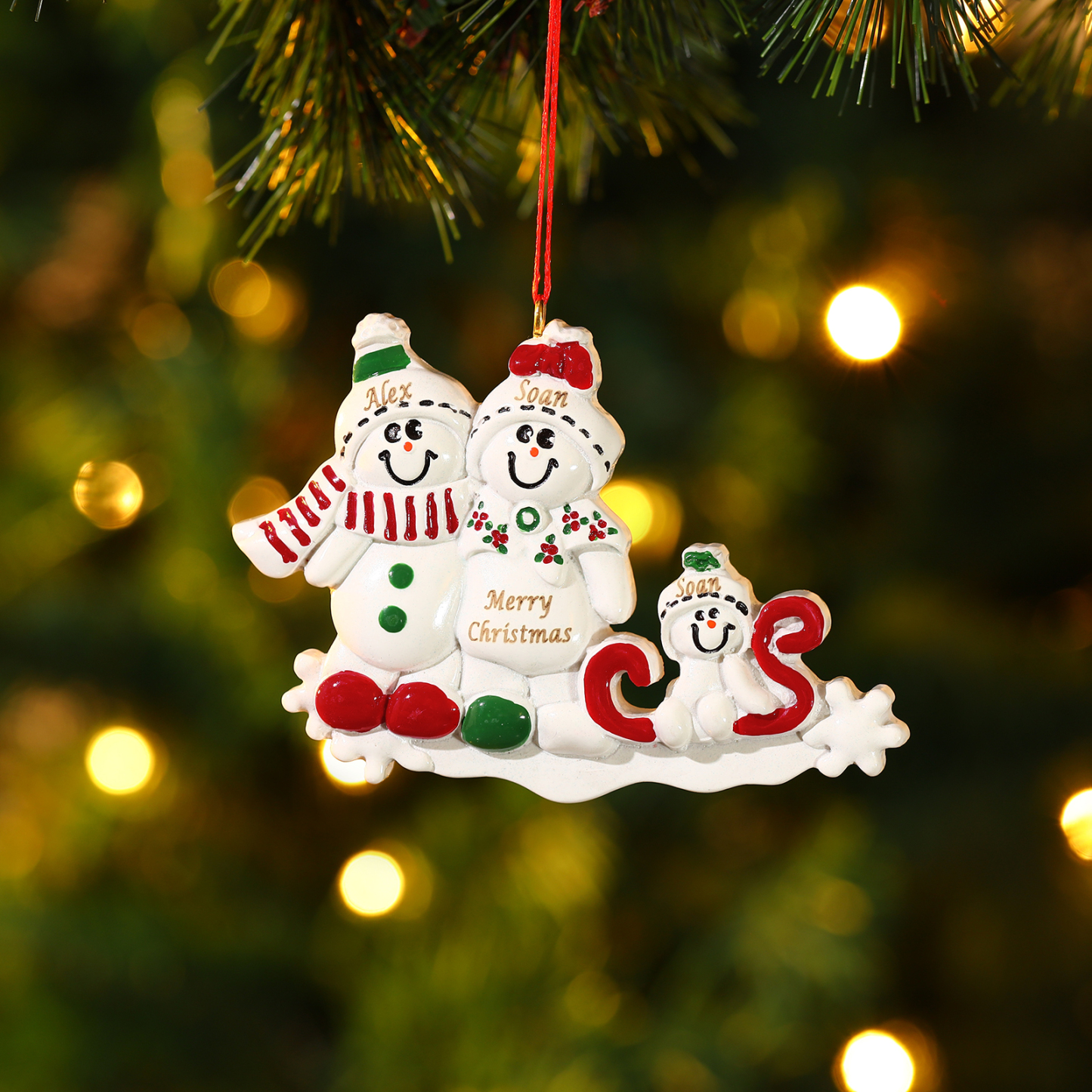 Décoration Sapin Noël en Résine 3 Prénoms Personnalisé avec Texte Ornement Bonhomme de neige pour Famille | Jessemade