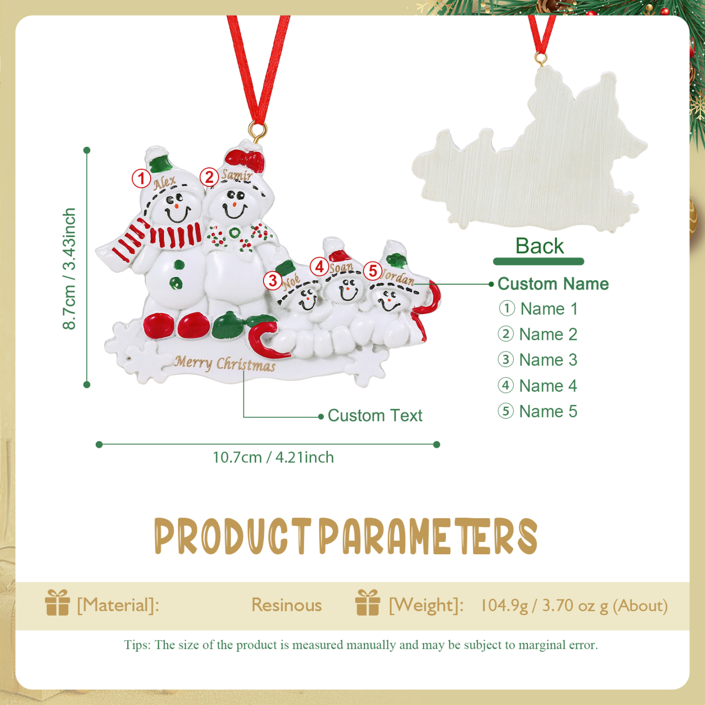 Décoration Sapin Noël en Résine 5 Prénoms Personnalisé avec Texte Ornement Bonhomme de neige pour Famille | Jessemade