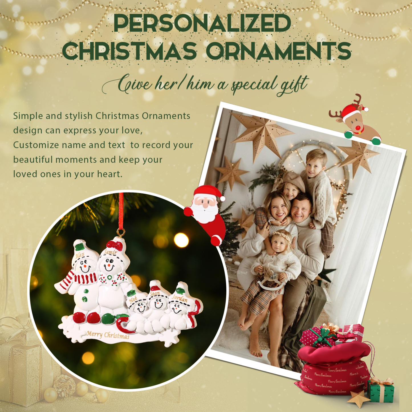 Décoration Sapin Noël en Résine 5 Prénoms Personnalisé avec Texte Ornement Bonhomme de neige pour Famille | Jessemade