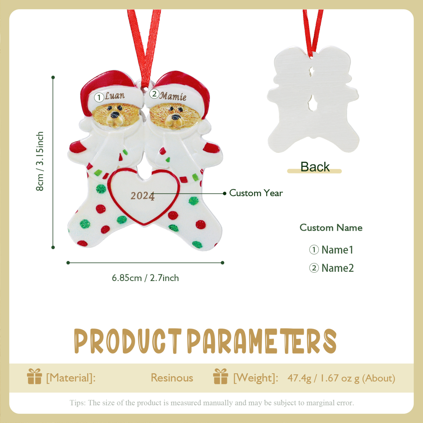Décoration Sapin Noël en Résine 2 Prénoms Personnalisé avec Texte Ornement Ours pour Famille | Jessemade