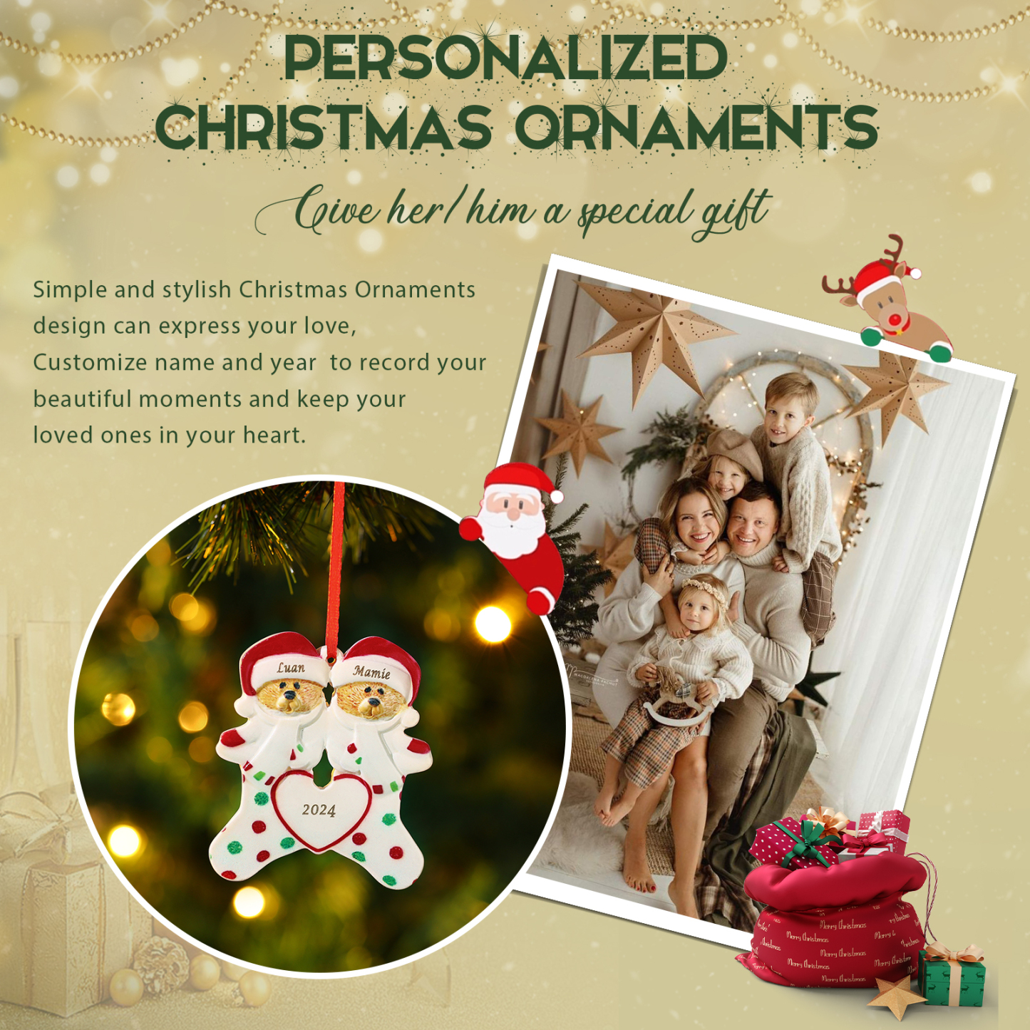 Décoration Sapin Noël en Résine 2 Prénoms Personnalisé avec Texte Ornement Ours pour Famille | Jessemade